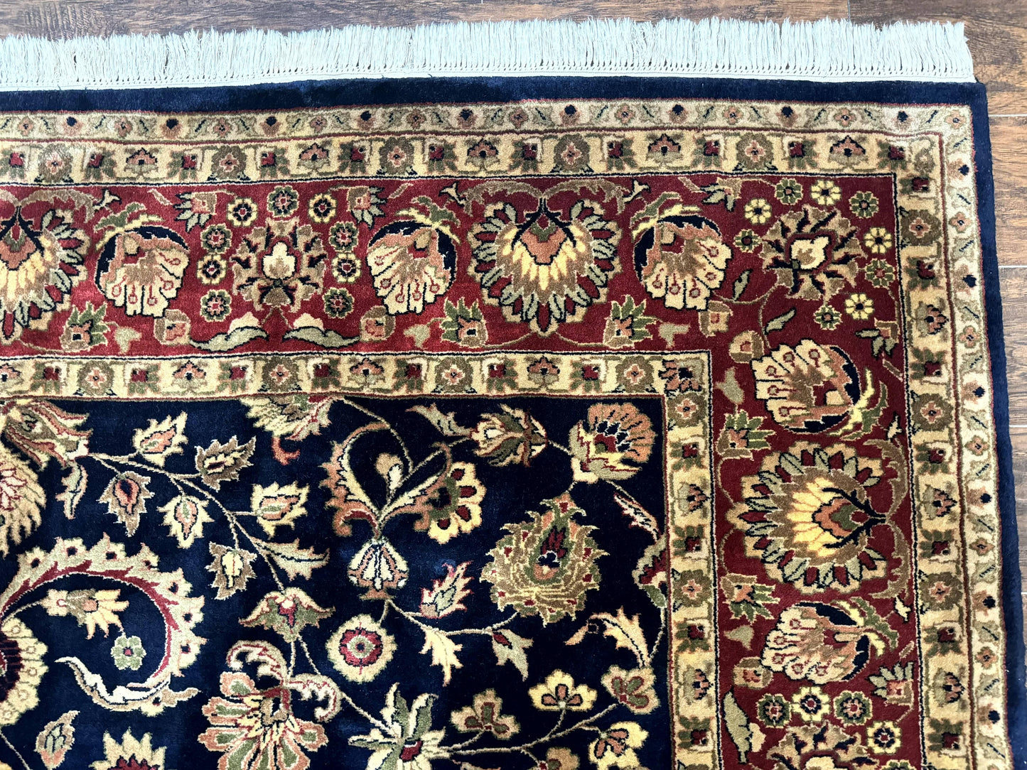 Indo Persian Rug 8x10, Navy Blue and Red, Floral Allover, Hand Knotted Vintage Wool Carpet, Indo Sarouk - Nuvé