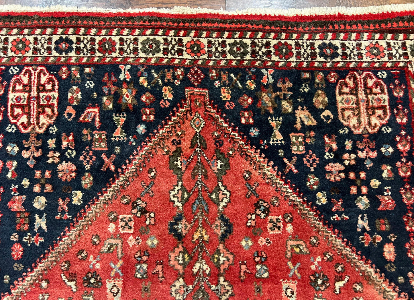 Persian Tribal Rug 3.6 x 5 ft, Persian Abadeh Rug, Geometric Medallion Bird Motifs, Red and Navy Blue Hand Knotted Handmade Wool Vintage Oriental Carpet - Nuvé