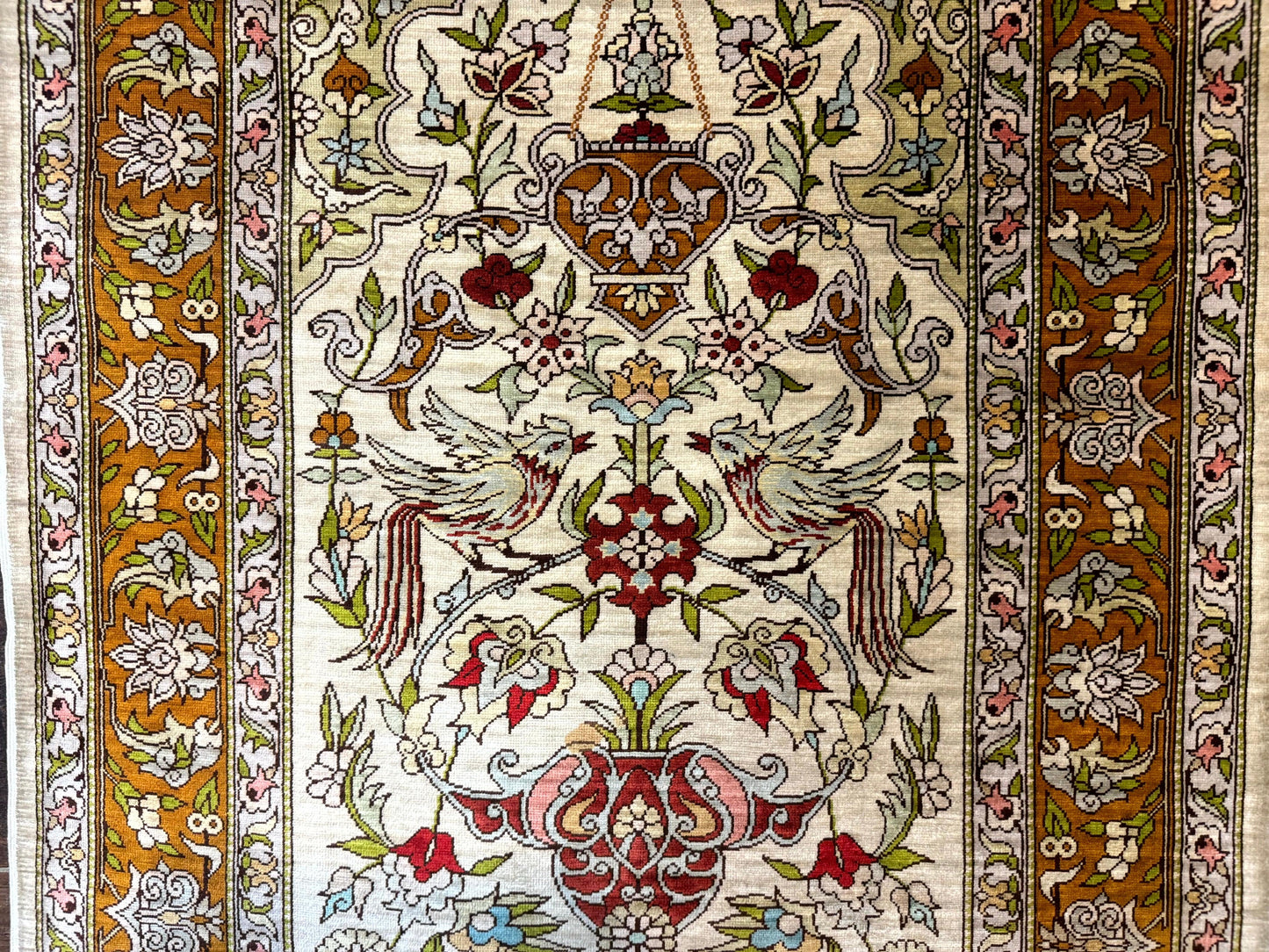 Silk Turkish Hereke Rug 2x3, Birds Lantern Very Fine 400 KPSI, Signed by Masterweaver, Wonderful, Rare, Small Hereke Rug - Nuvé