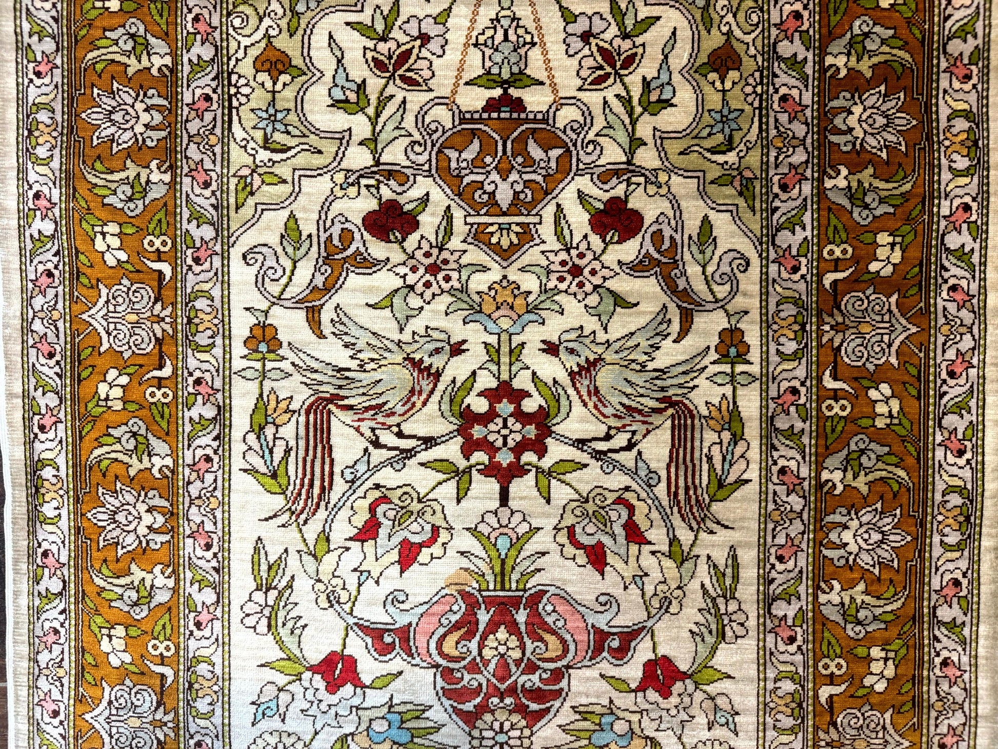 Silk Turkish Hereke Rug 2x3, Birds Lantern Very Fine 400 KPSI, Signed by Masterweaver, Wonderful, Rare, Small Hereke Rug - Nuvé