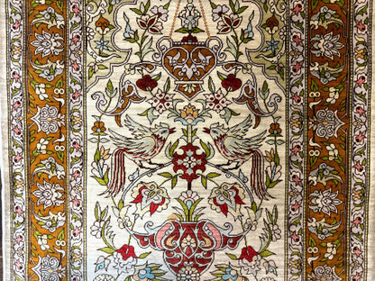 Silk Turkish Hereke Rug 2x3, Birds Lantern Very Fine 400 KPSI, Signed by Masterweaver, Wonderful, Rare, Small Hereke Rug - Nuvé
