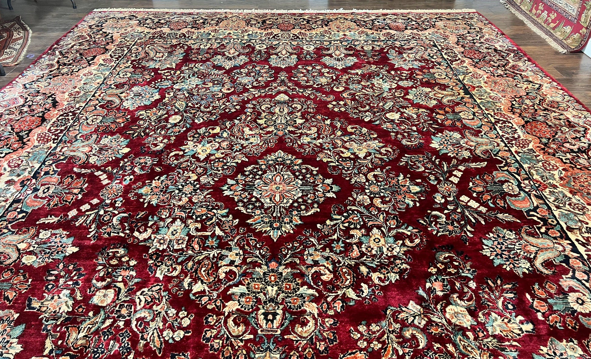 Persian Sarouk Rug 12x17, Wool Hand Knotted Antique Carpet, Dark Red, Traditional Floral Oriental Rug, 12 x 17 Extra Large Handmade Rug - Nuvé