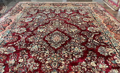 Persian Sarouk Rug 12x17, Wool Hand Knotted Antique Carpet, Dark Red, Traditional Floral Oriental Rug, 12 x 17 Extra Large Handmade Rug - Nuvé