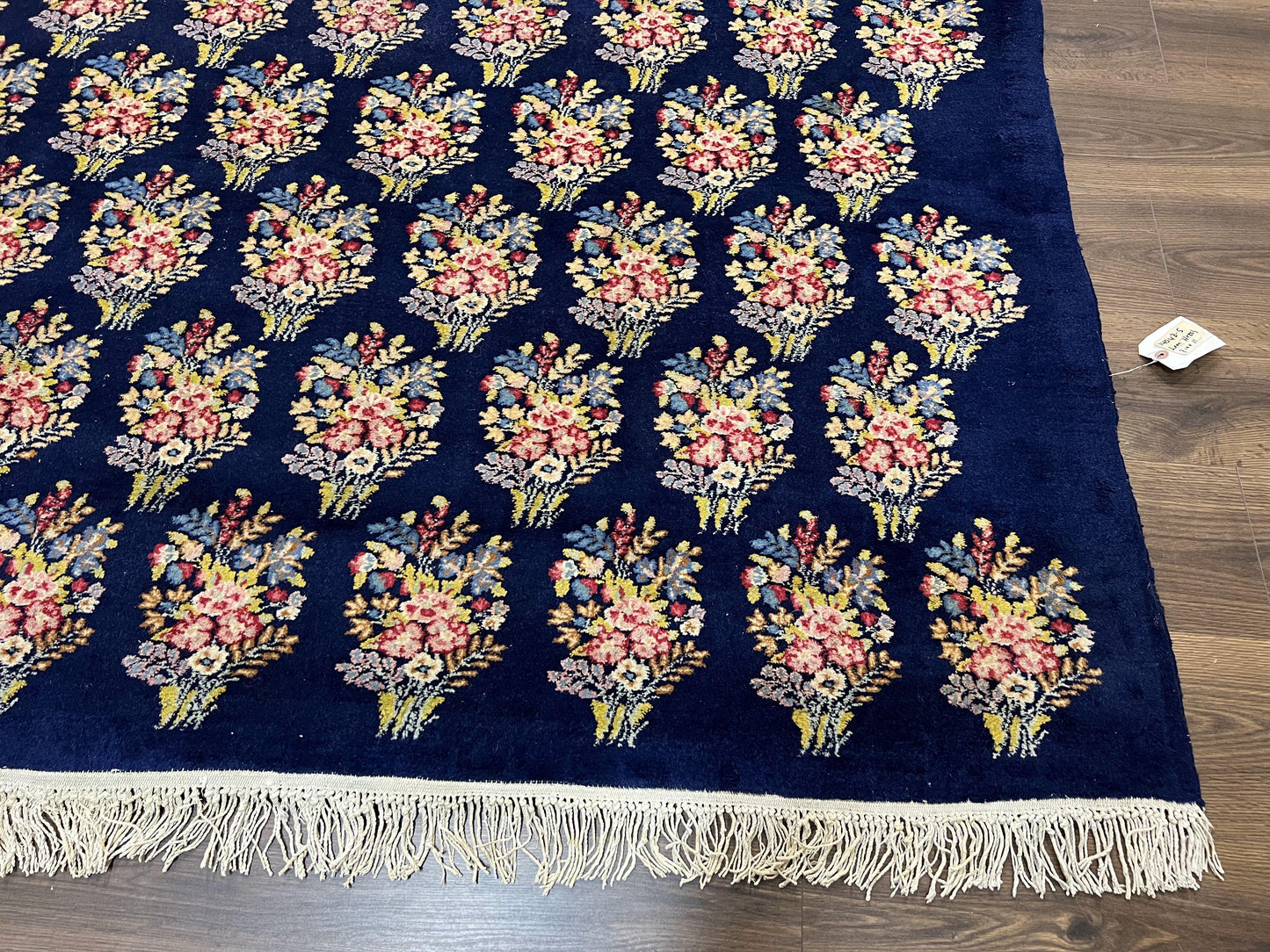 Persian Rug 9x12, Authentic Hand Knotted Carpet, Repeated Floral Motif Garden of Eden, Navy Blue Wool Rug 9 x 12, Semi Antique Kirman Rug - Nuvé