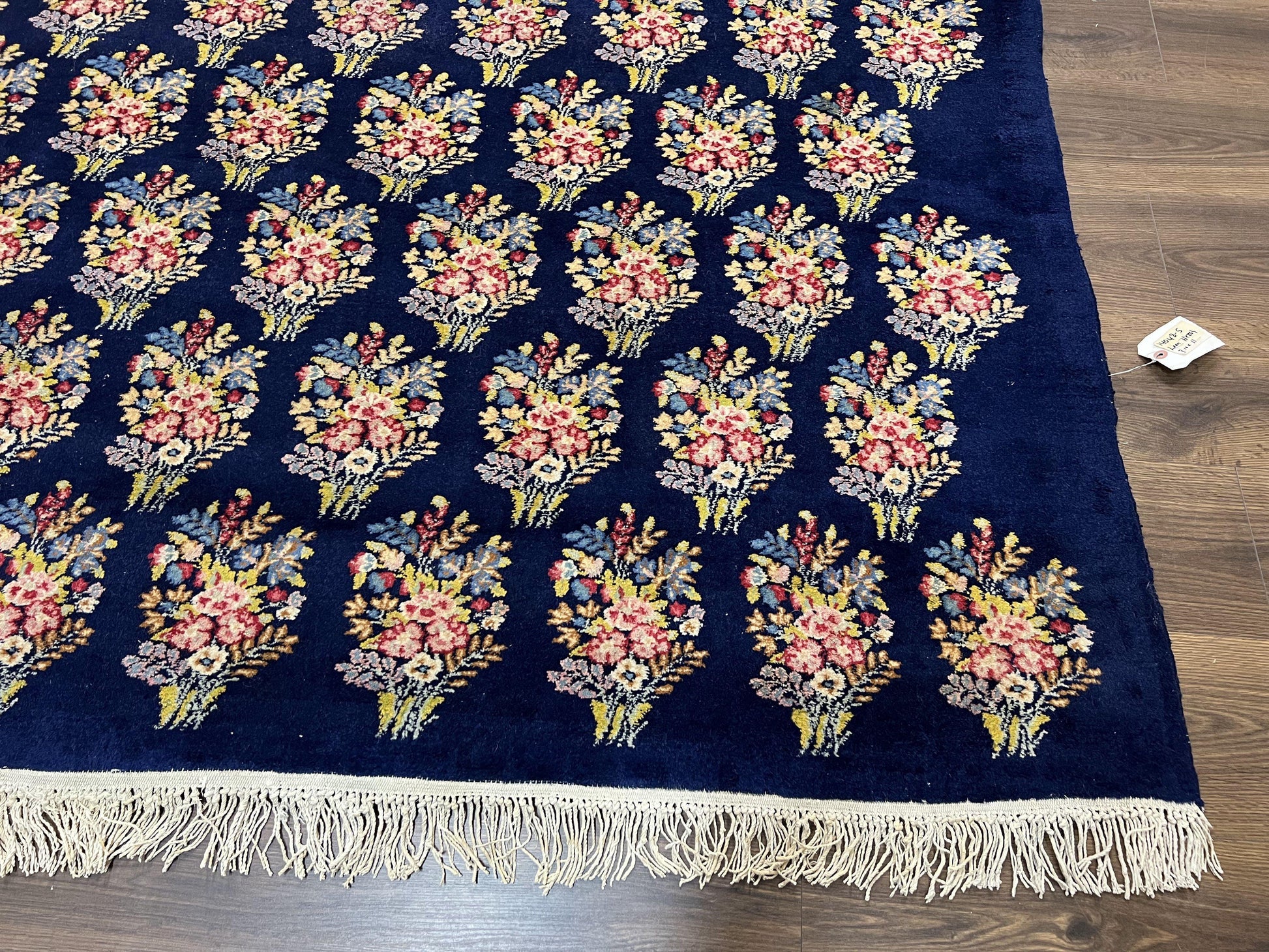 Persian Rug 9x12, Authentic Hand Knotted Carpet, Repeated Floral Motif Garden of Eden, Navy Blue Wool Rug 9 x 12, Semi Antique Kirman Rug - Nuvé
