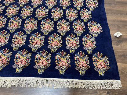 Persian Rug 9x12, Authentic Hand Knotted Carpet, Repeated Floral Motif Garden of Eden, Navy Blue Wool Rug 9 x 12, Semi Antique Kirman Rug - Nuvé
