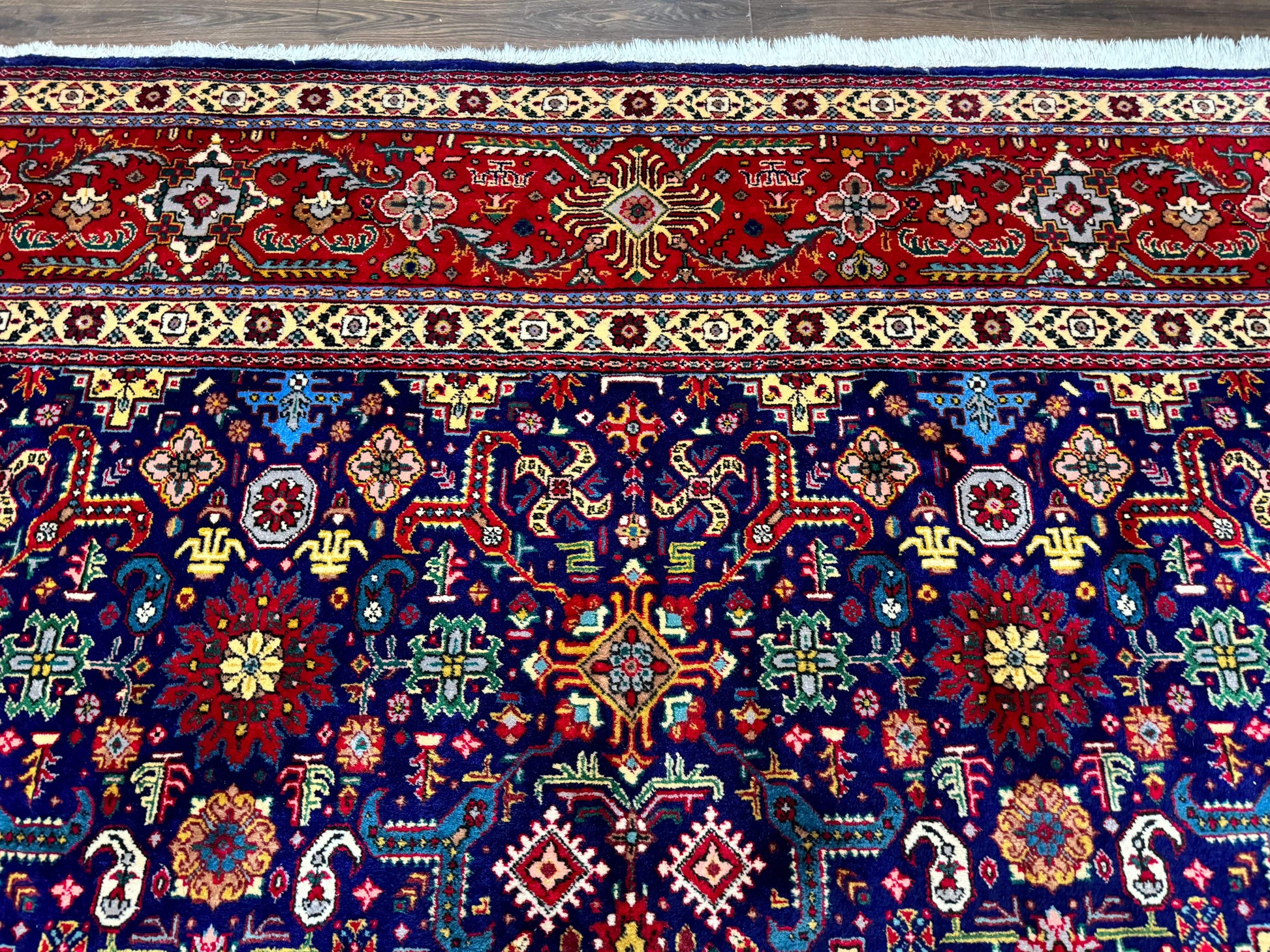 Large Persian Tabriz Rug 10x16, Navy Blue and Red, Allover Pattern, Vintage Hand Knotted Wool Carpet - Nuvé