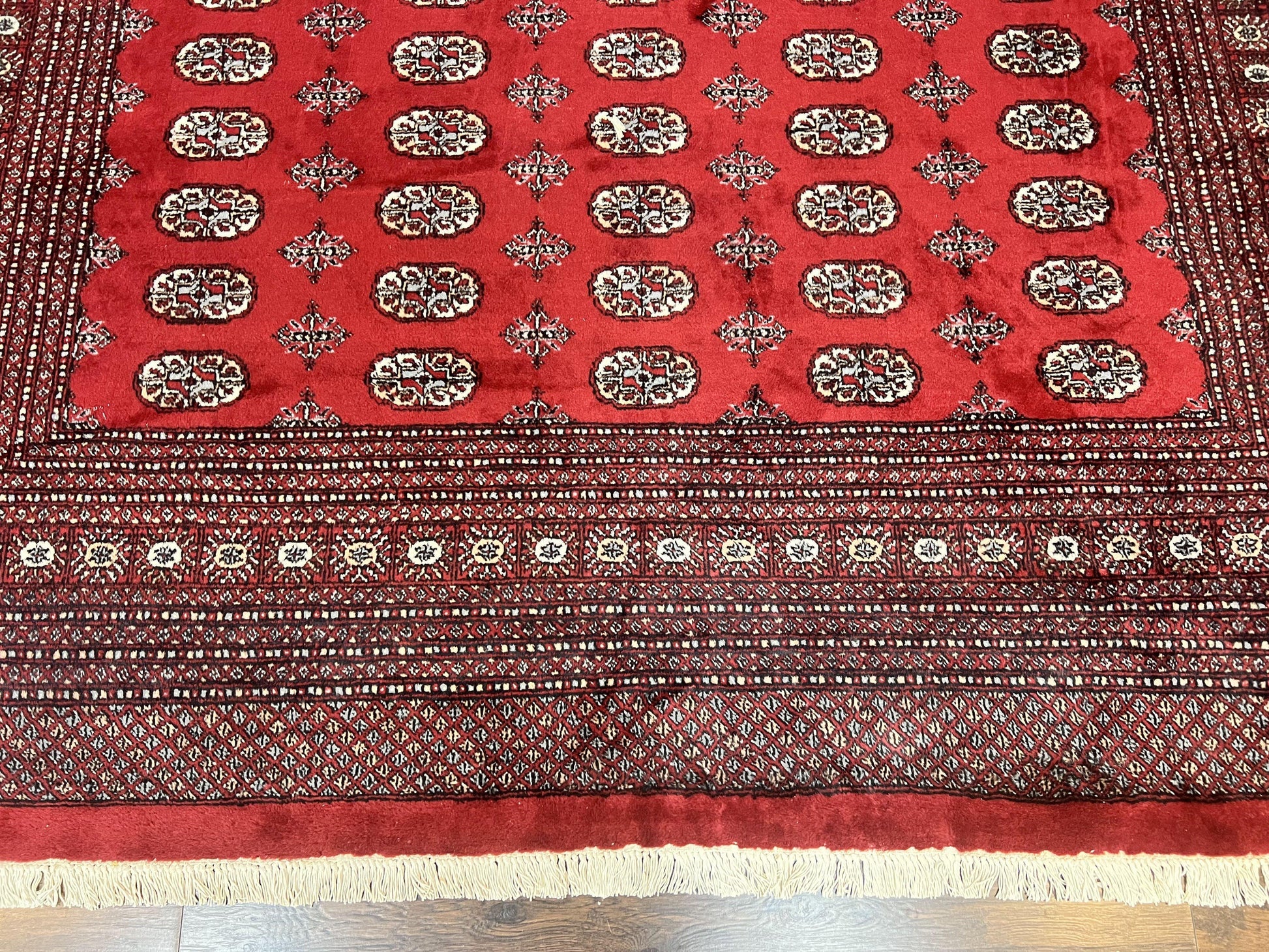 Turkoman Rug 8 x 11.6, Red Bokhara Pakistani Carpet, Wool Handmade Vintage Rug - Nuvé