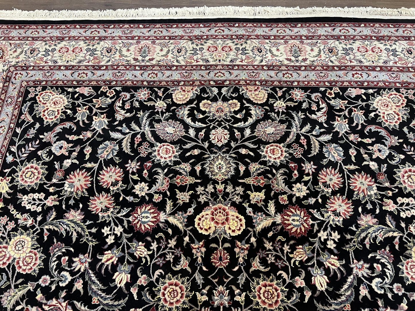 Pak Persian Rug 9x12, Floral Allover, Hand Knotted Oriental Carpet 9 x 12 ft, Black and Cream, Detailed, Wool with Silk Highlights, Vintage - Nuvé