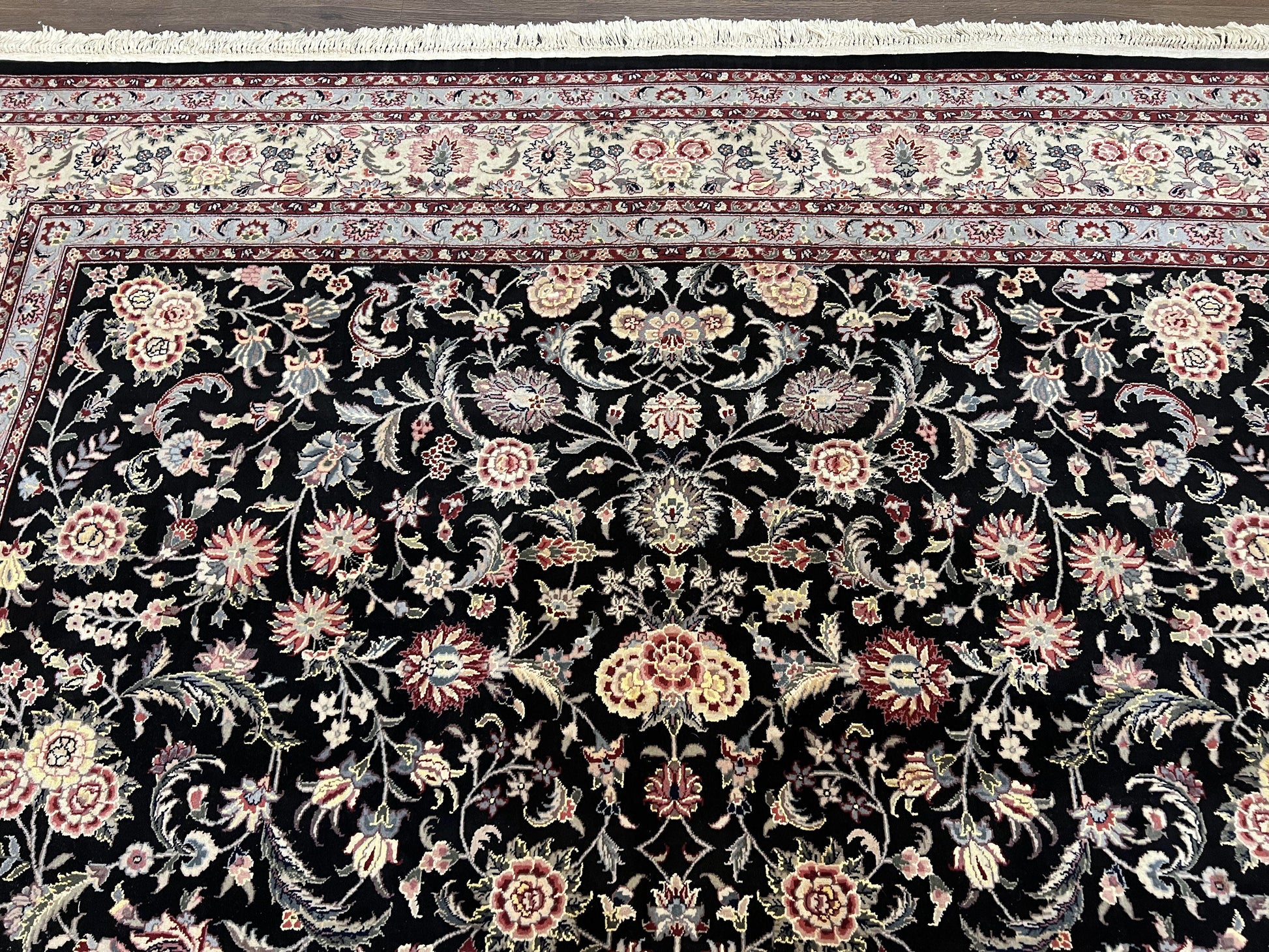 Pak Persian Rug 9x12, Floral Allover, Hand Knotted Oriental Carpet 9 x 12 ft, Black and Cream, Detailed, Wool with Silk Highlights, Vintage - Nuvé