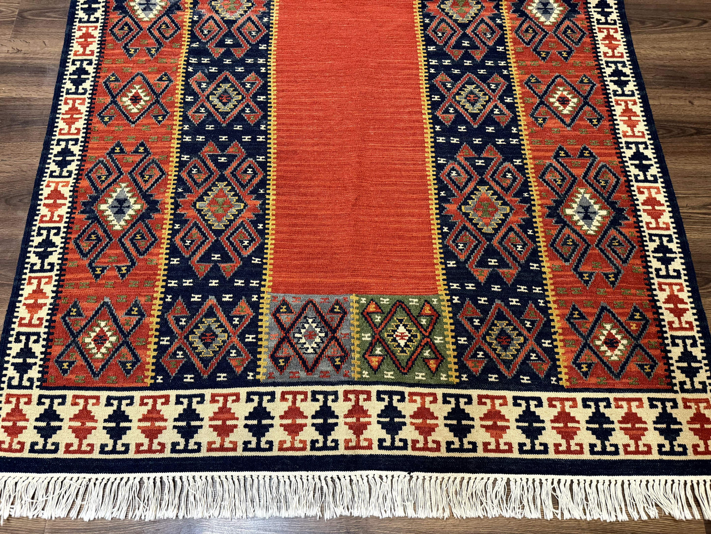 Turkish Kilim Rug 5x8, Flatweave Carpet, Handmade Bohemian Rug, Terracotta and Navy Blue - Nuvé