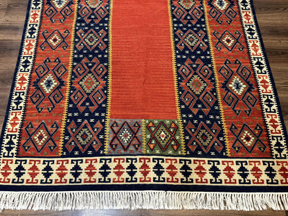 Turkish Kilim Rug 5x8, Flatweave Carpet, Handmade Bohemian Rug, Terracotta and Navy Blue - Nuvé