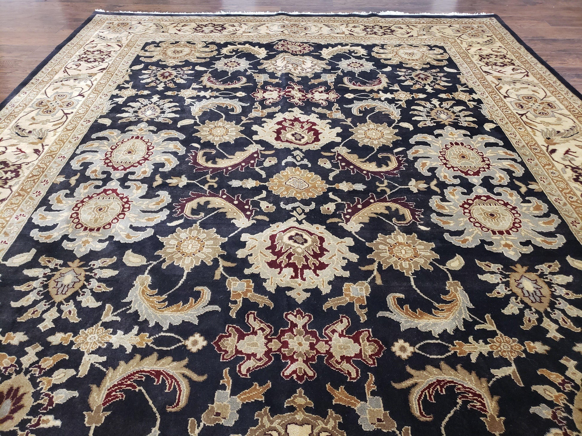 Indo Mahal Rug 8x12, Indian Sultanabad Handmade Area Rug, Vintage Hand-Knotted Wool Black Floral Traditional Oriental Dinning Room Rug - Nuvé