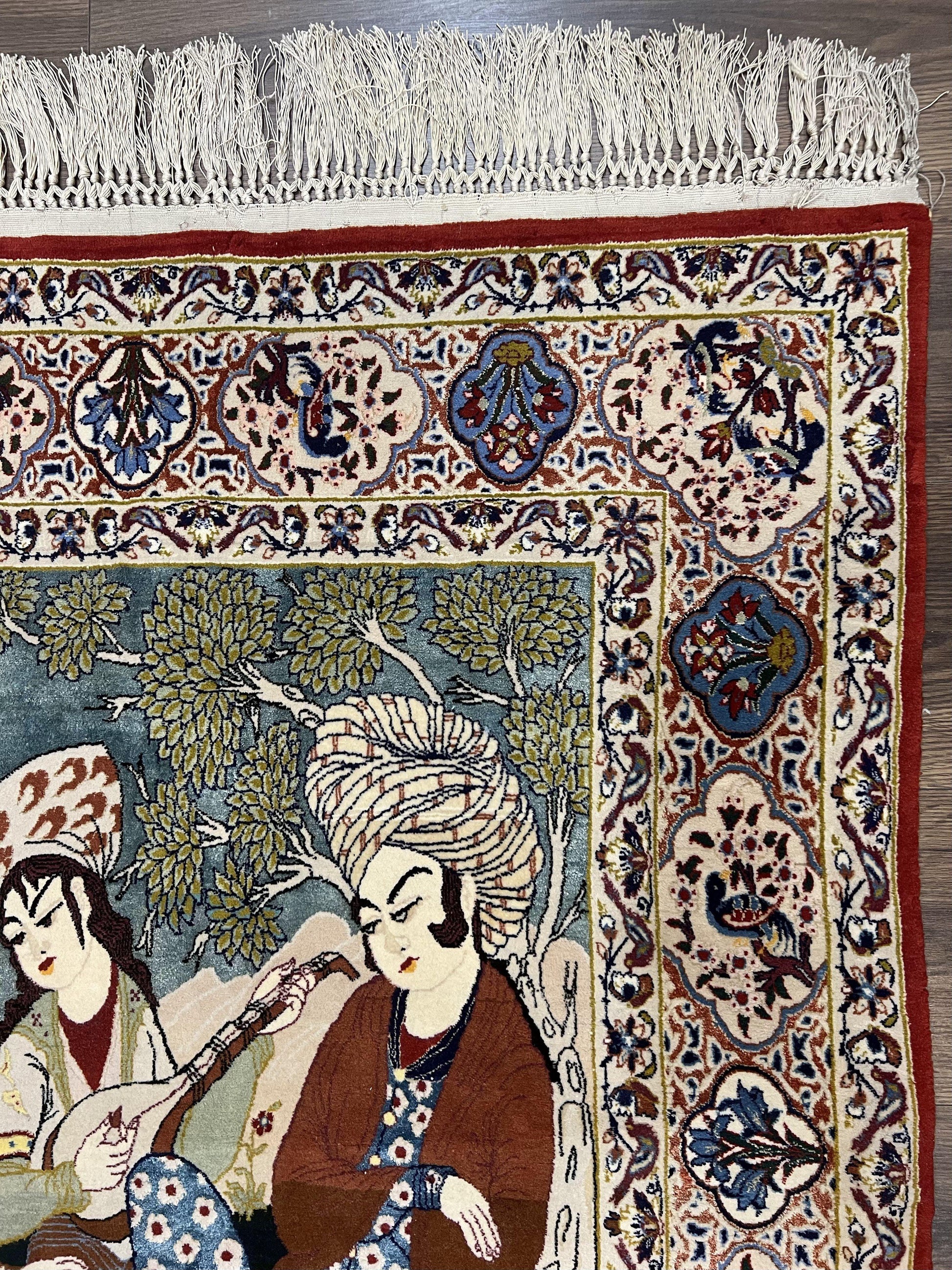 Persian Pictorial Rug 5 x 4 ft, Persian Isfahan Rug, Kork Wool on Silk Foundation, Signature from Master Weaver, Drums and Musical Instruments, Birds, Detailed - Nuvé