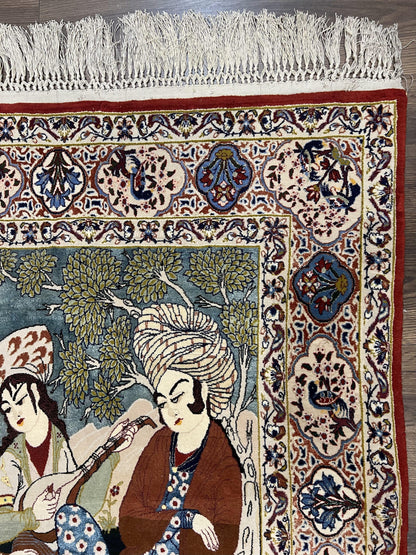 Persian Pictorial Rug 5 x 4 ft, Persian Isfahan Rug, Kork Wool on Silk Foundation, Signature from Master Weaver, Drums and Musical Instruments, Birds, Detailed - Nuvé
