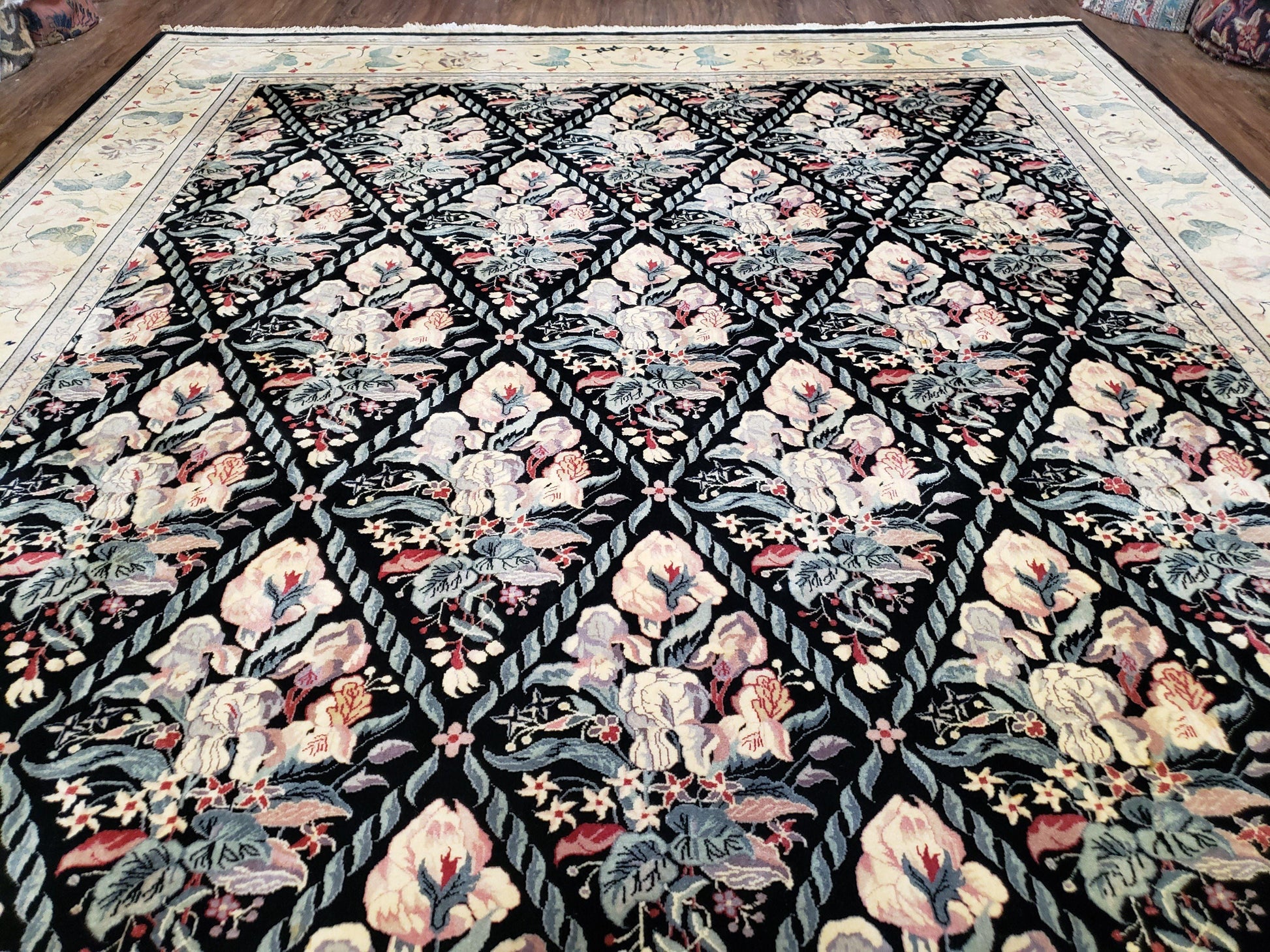 Black Kirman Rug, 8x11 - 9x12 Rug, Sino-Persian Rug, Floral Oriental Carpet, Handmade Rug, Black and Ivory Rug, Room Sized Area Rug, Wool - Nuvé