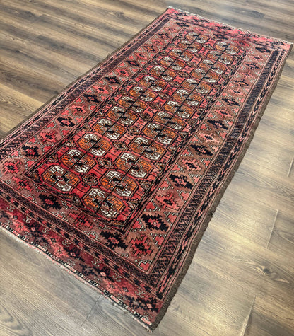 Antique Turkoman Rug 3.7 x 6.7, Red, Wool Runner Rug - Nuvé