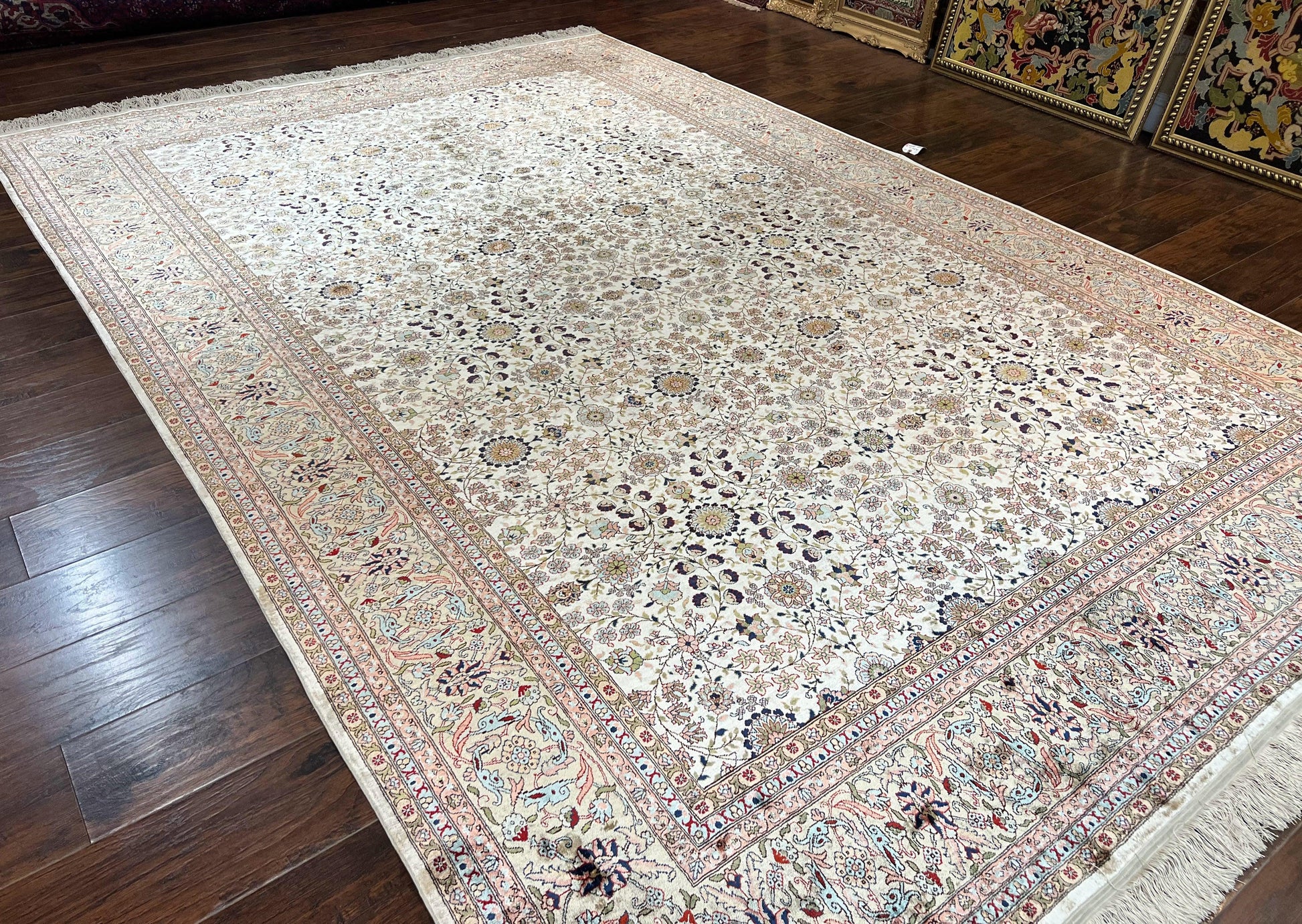 Wonderful Silk Hereke Rug 8x12, Silk Pile on Silk Foundation, Ivory/Cream, Floral Pattern, Handmade, Vintage - Nuvé