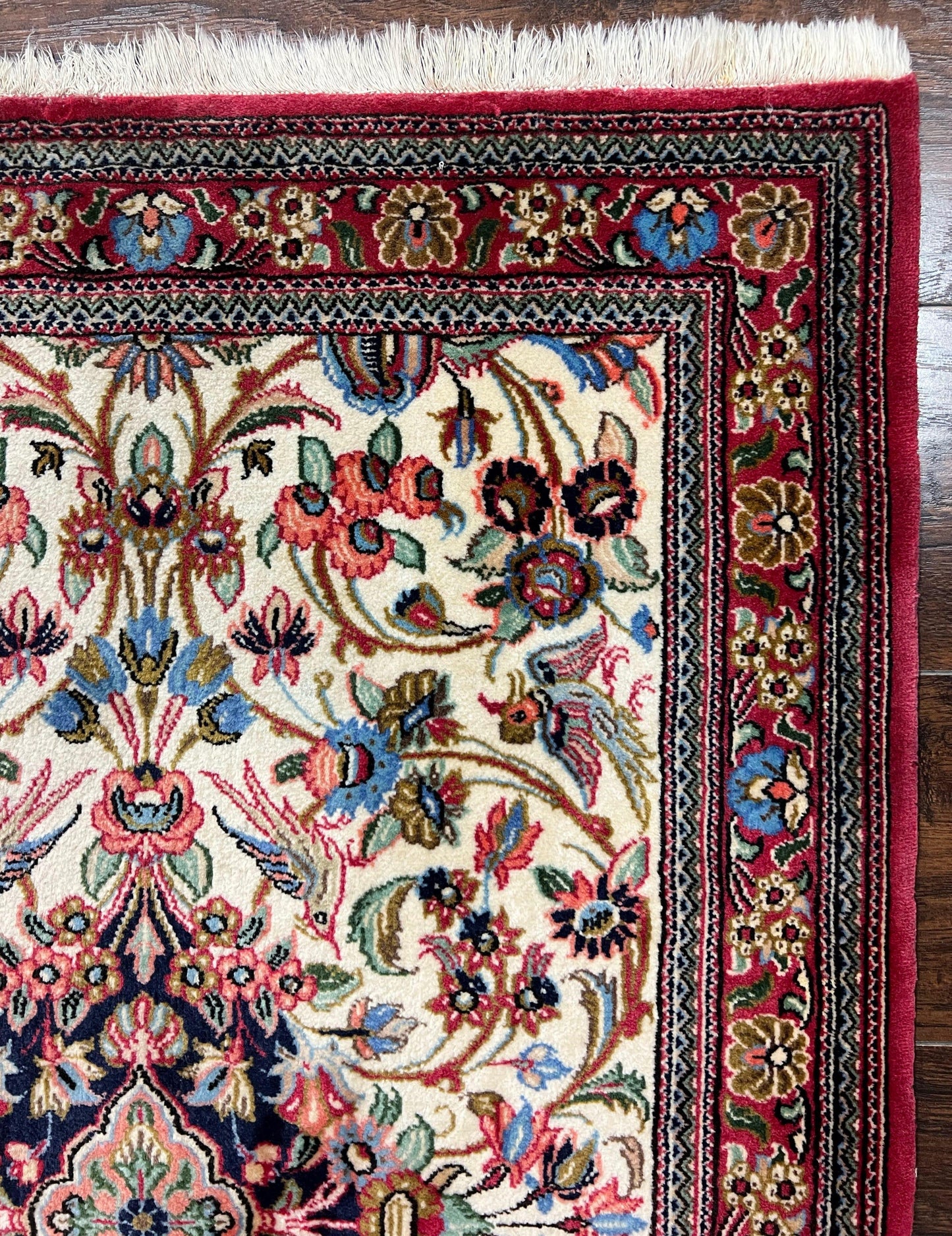Wonderful Persian Qum Runner Rug 2.8 x 10 ft, Floral Medallions with Bird Motifs, Hand Knotted Wool Fine Oriental 10ft Hallway Runner, Cream Red - Nuvé
