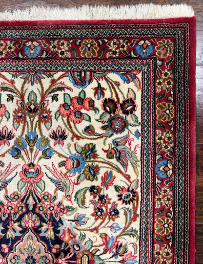 Wonderful Persian Qum Runner Rug 2.8 x 10 ft, Floral Medallions with Bird Motifs, Hand Knotted Wool Fine Oriental 10ft Hallway Runner, Cream Red - Nuvé