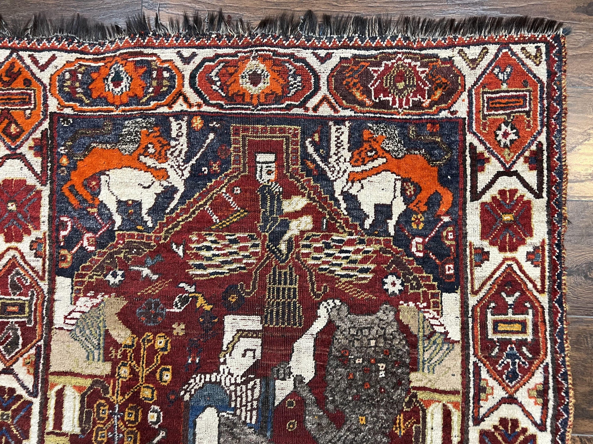 Antique Persian Shiraz Pictorial Rug 3.6 x 5, Persian Tribal Rug, Handmade, Lions, Highly Unique Collectible Small Persian Carpet, Maroon, Wool - Nuvé