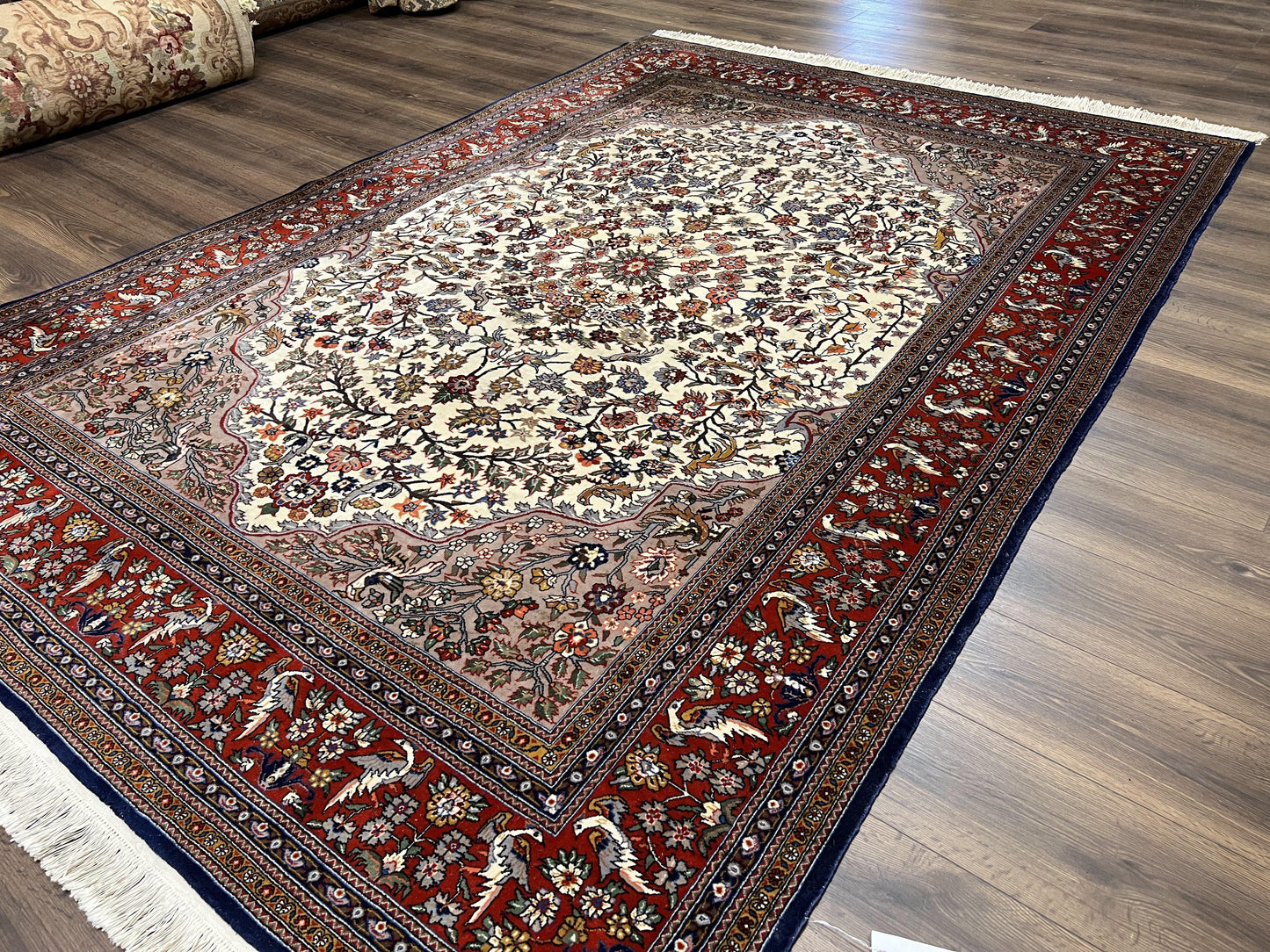 Beautiful Sino Persian Rug 7x10, Circle of Life Tree of Life Rug, Birds, Cream Red Navy Blue Taupe, Wool Silk Accents, Hand Knotted Vintage - Nuvé