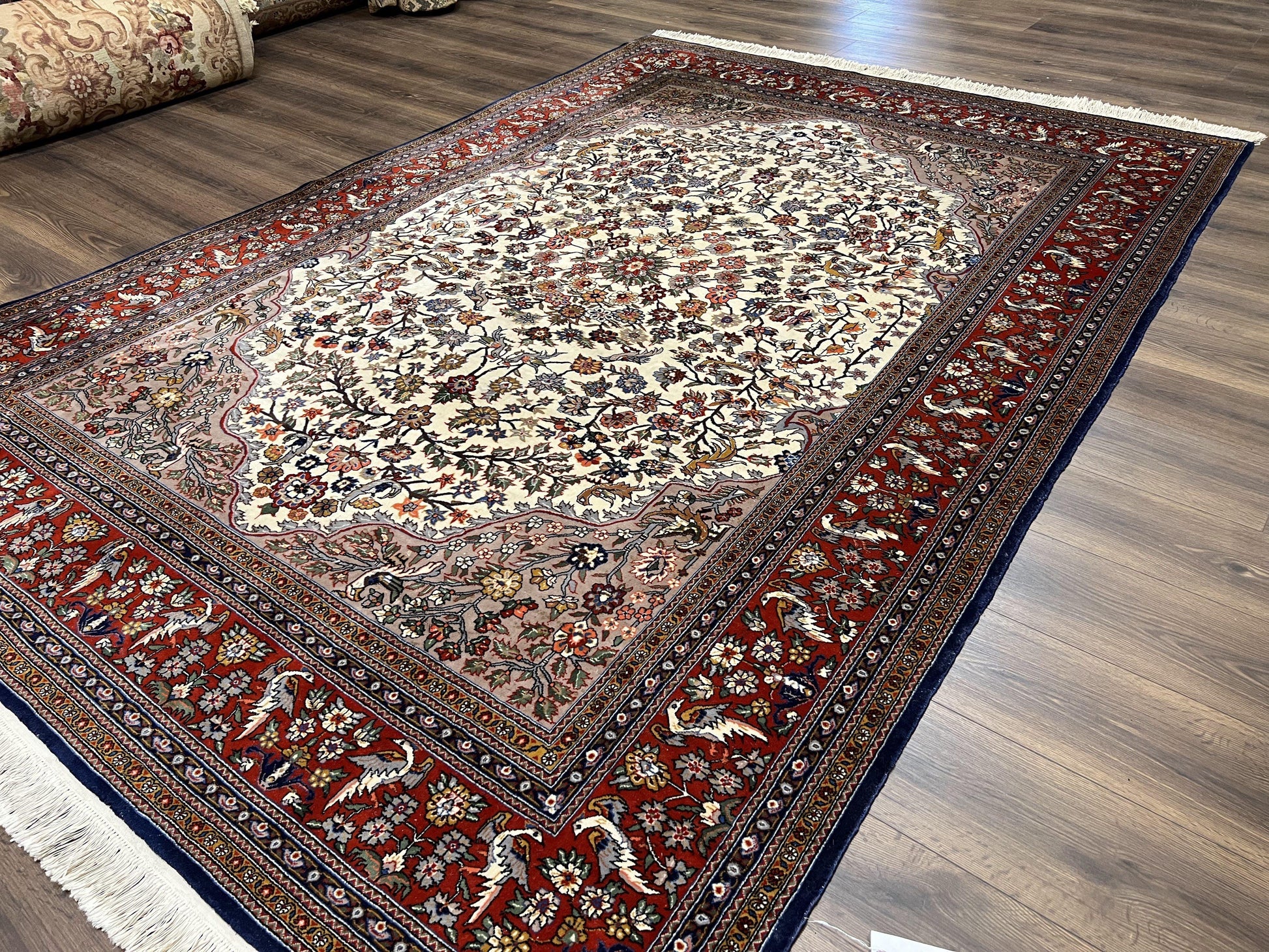 Beautiful Sino Persian Rug 7x10, Circle of Life Tree of Life Rug, Birds, Cream Red Navy Blue Taupe, Wool Silk Accents, Hand Knotted Vintage - Nuvé