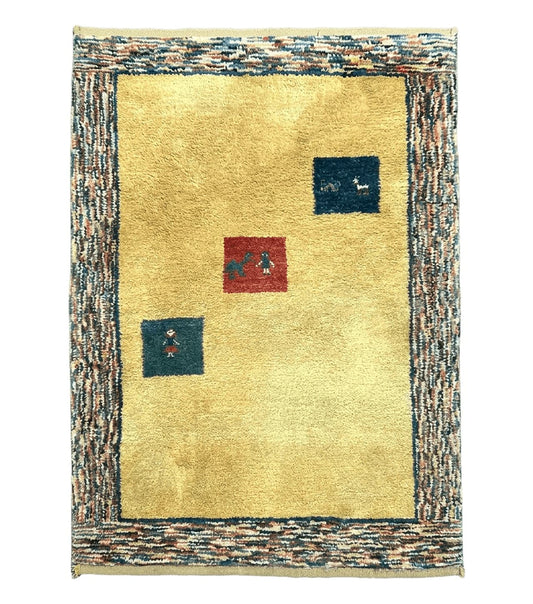 Indo Gabbeh Rug 3.7 x 5, Tribal Rug, Boho Rug, Wool Handmade Carpet
