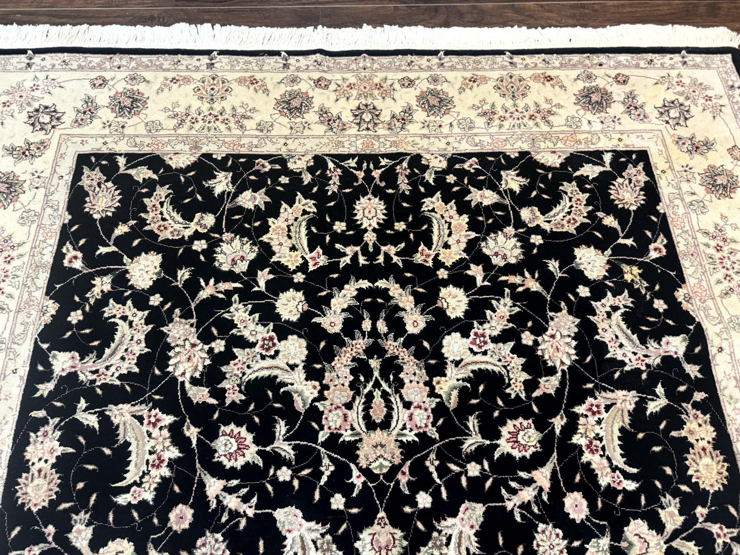 Sino Persian Rug 6x9, Black and Ivory, Wool and Silk Highlights, Handmade - Nuvé