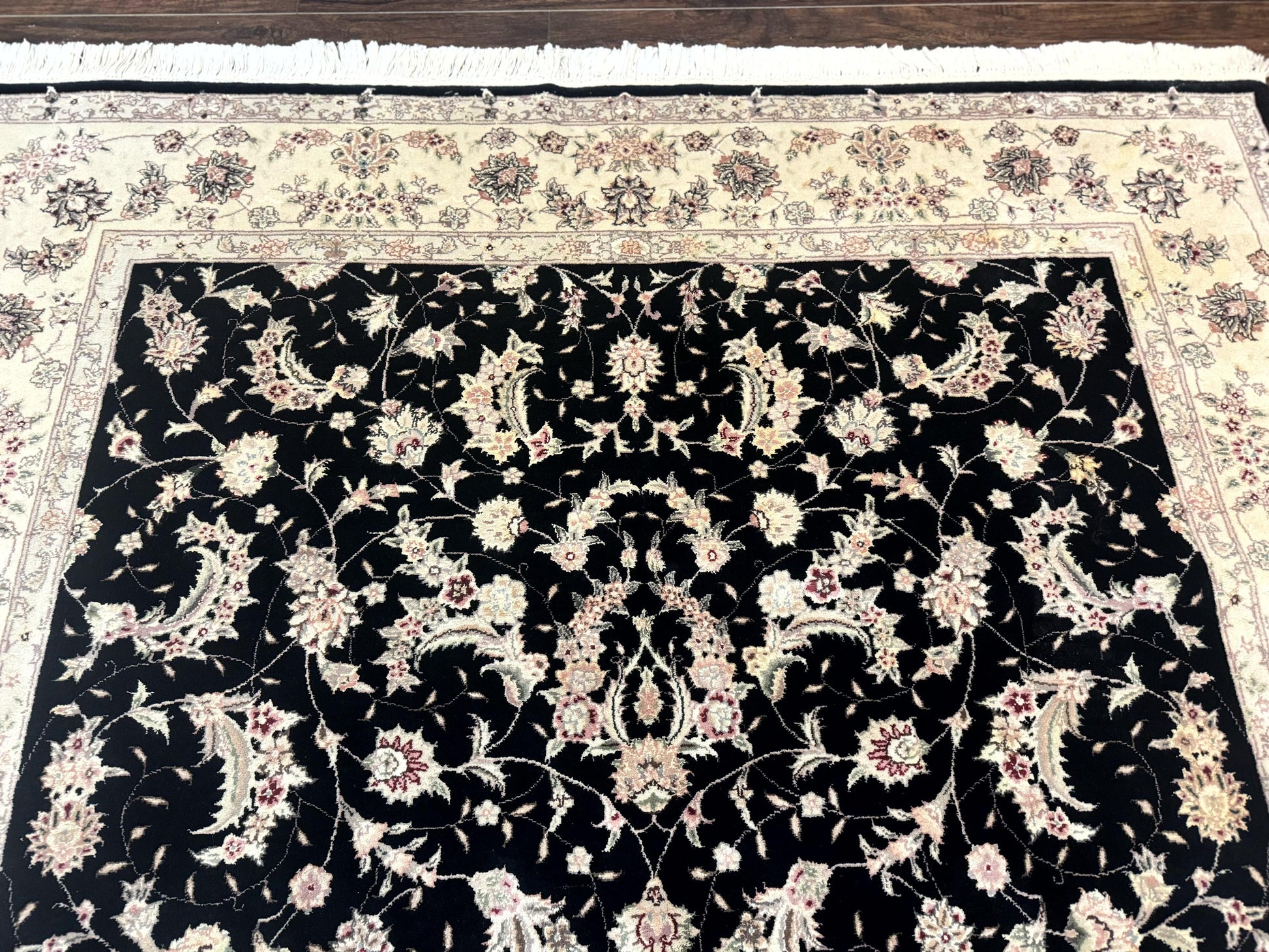 Sino Persian Rug 6x9, Black and Ivory, Wool and Silk Highlights, Handmade - Nuvé