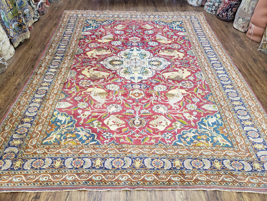 Antique Turkish Sivas Area Rug 8x11, Hand-Knotted, Vintage Red Wool Carpet, Gazelles Lions, Boteh Border, 8' x 11' Top Quality Oriental Rug - Nuvé