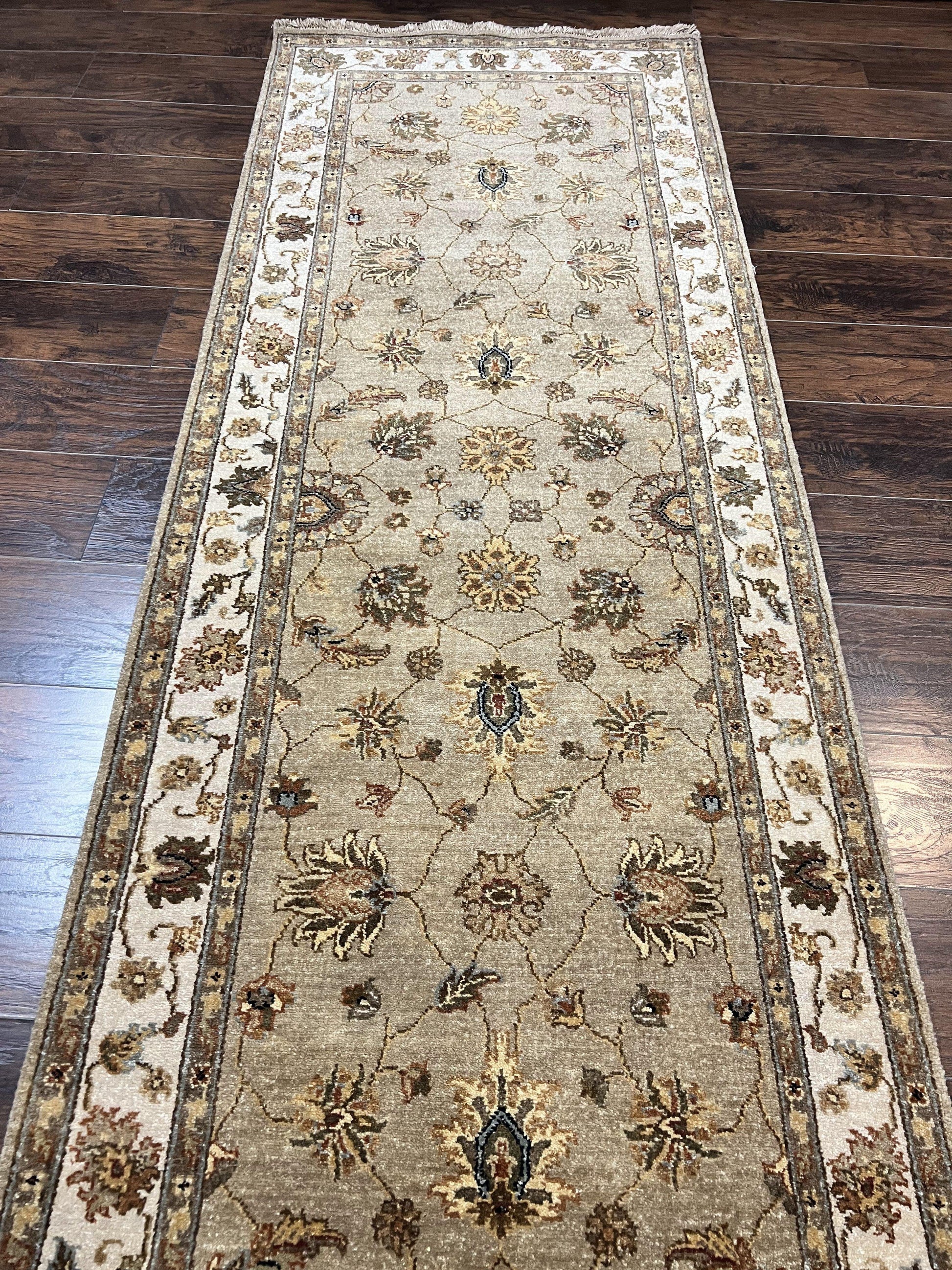 Peshawar Runner Rug 3 x 20, Wool Hand Knotted Vintage Pakistani Carpet, Olive Green & Ivory, Extra Long 20ft Hallway Runner, Floral - Nuvé