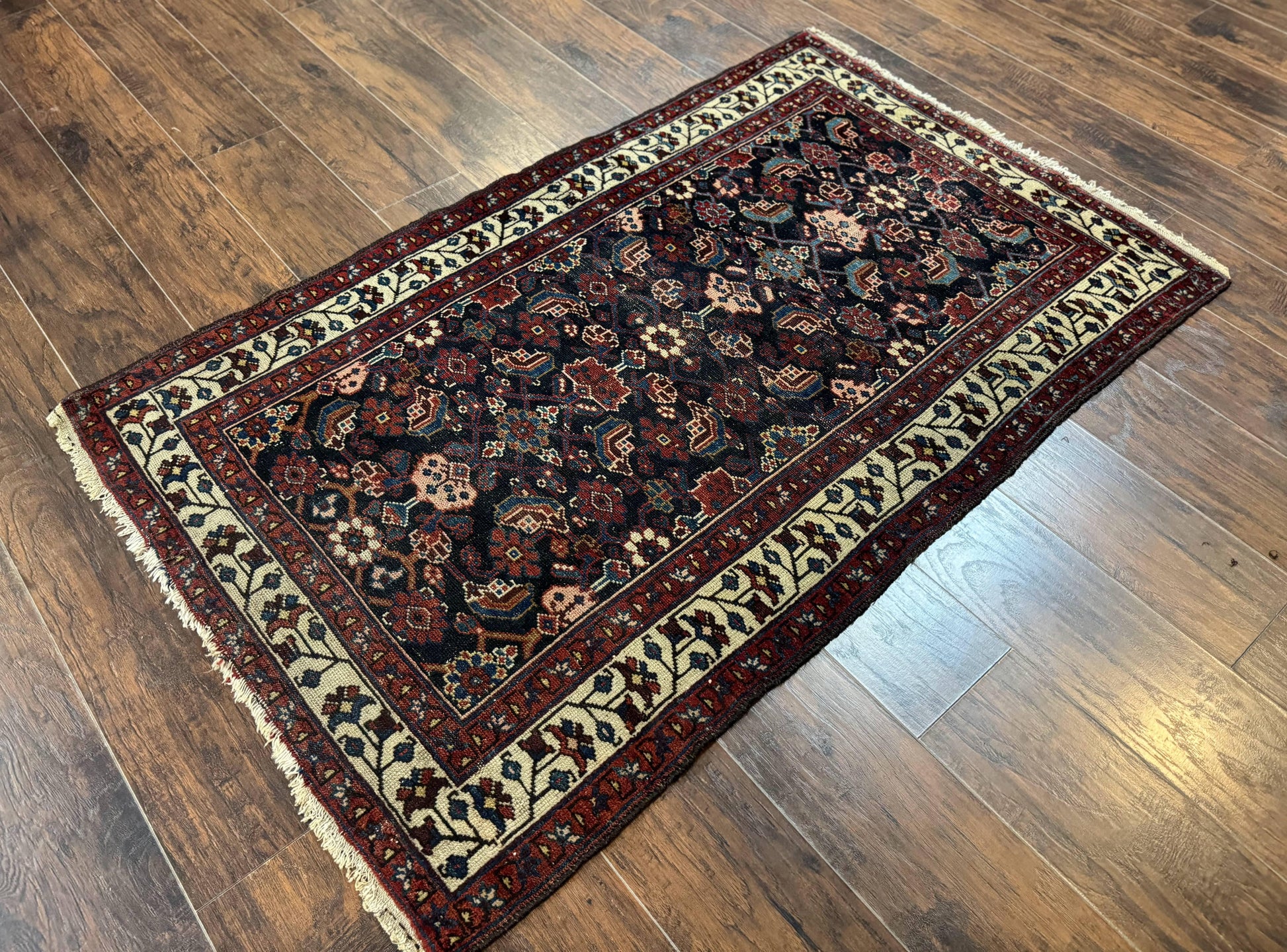 Navy Blue Antique Persian Rug 3x6, Blue and Ivory Persian Carpet, Handmade 1920s Hamadan Rug - Nuvé