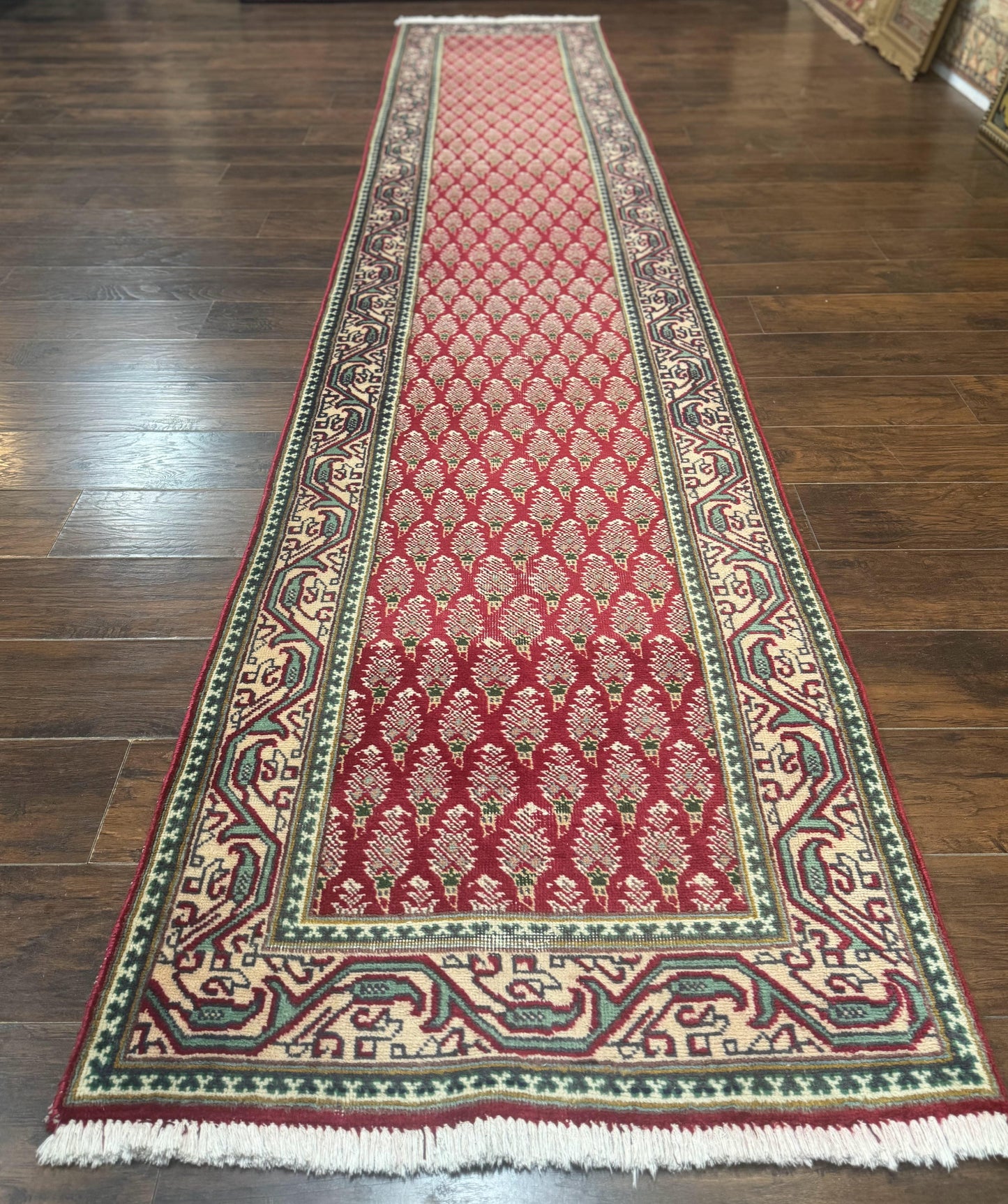 Persian Tabriz Runner Rug 3x16, Paisley Boteh Design, Red and Cream, Rug for Hallway, 16ft Wool Runner - Nuvé