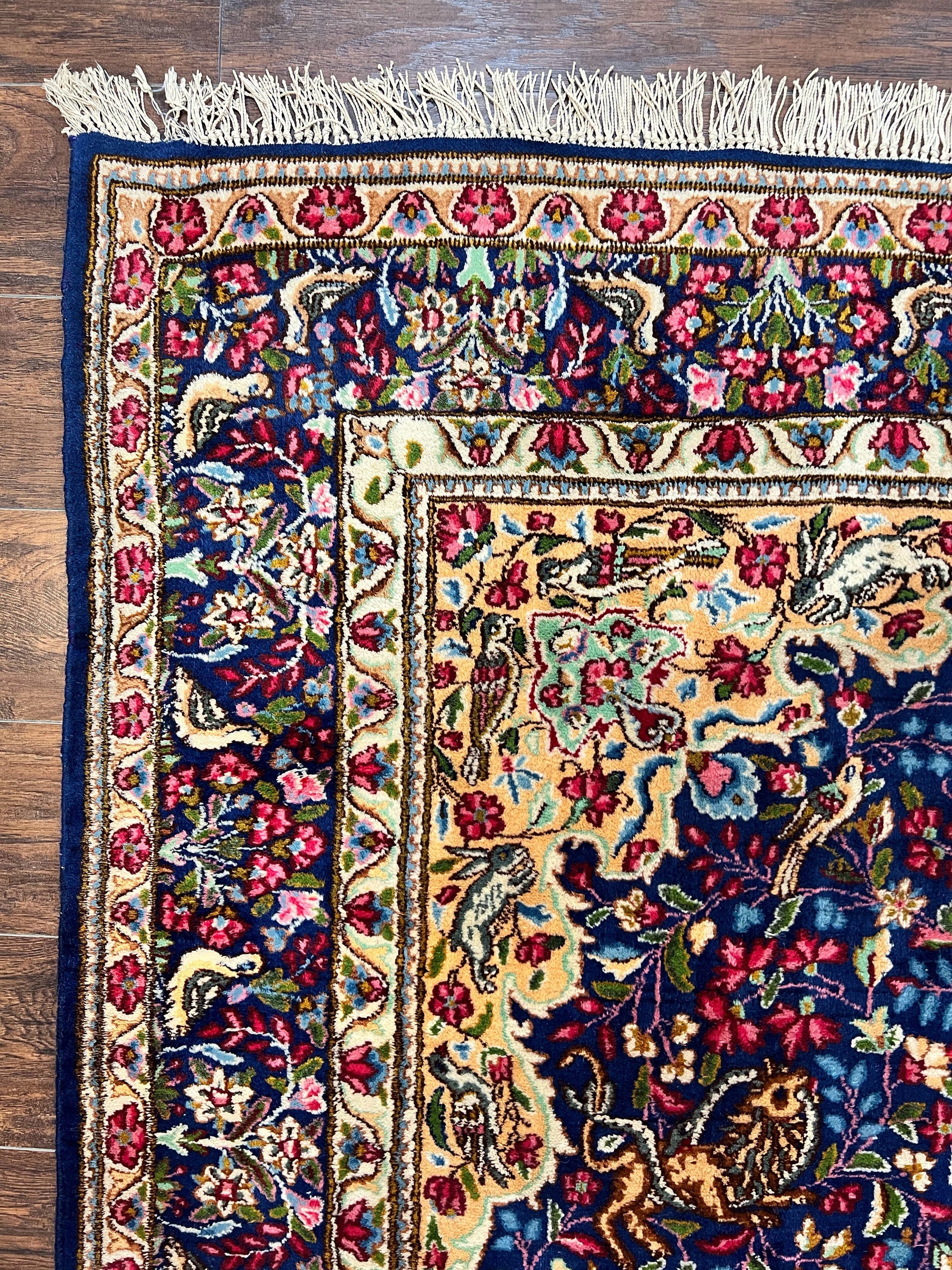 Persian Kirman Rug 6x9, Floral Medallion Vintage Wool Handmade Carpet 6 x 9, Animal Pictorials Birds, Semi Antique, Navy Blue, Millefleur - Nuvé