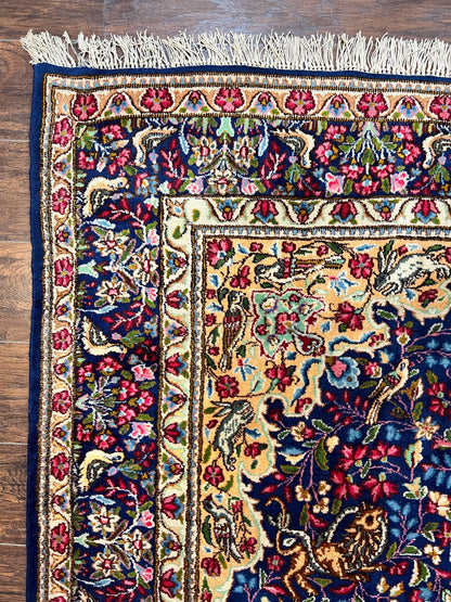 Persian Kirman Rug 6x9, Floral Medallion Vintage Wool Handmade Carpet 6 x 9, Animal Pictorials Birds, Semi Antique, Navy Blue, Millefleur - Nuvé