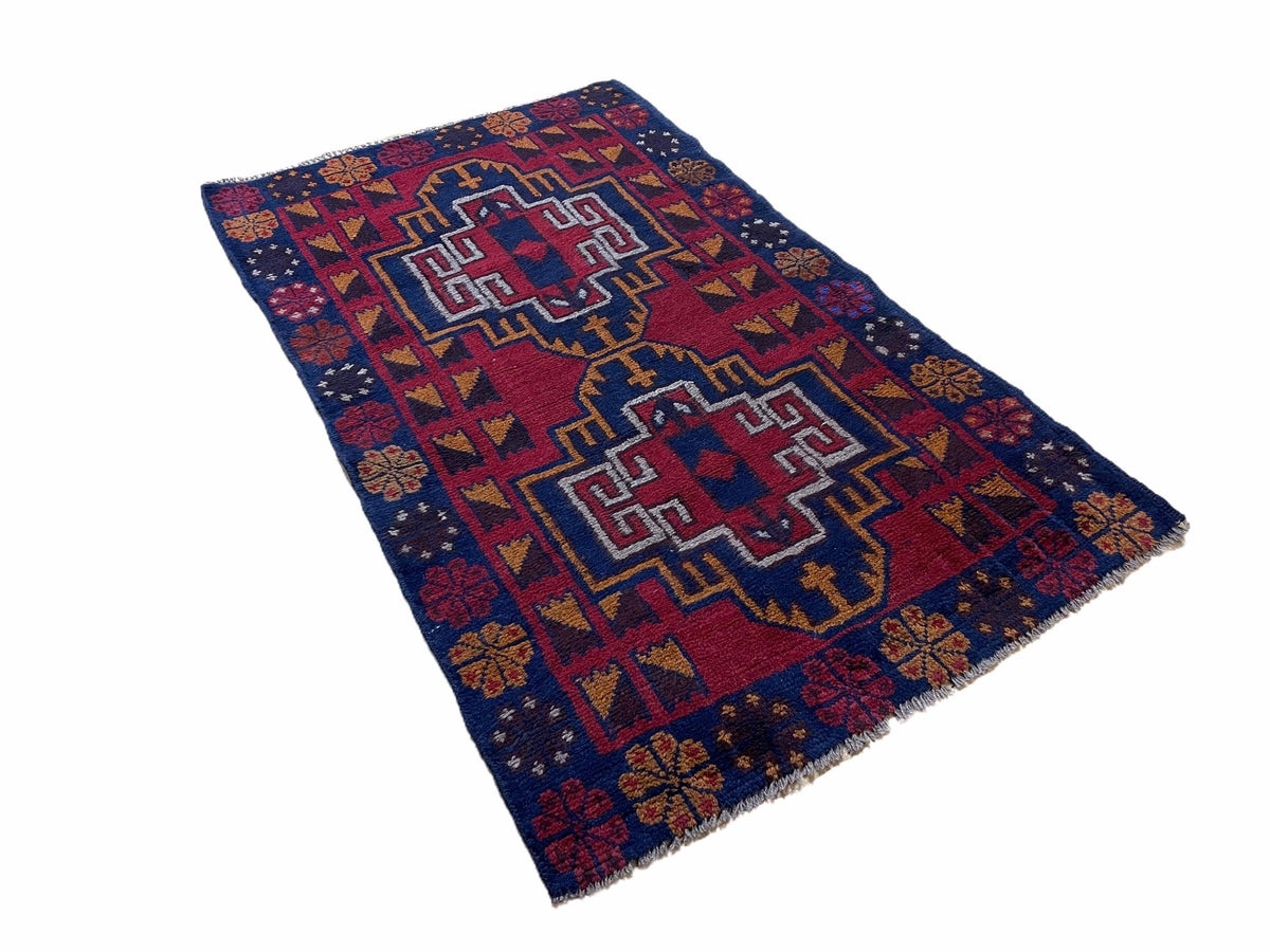 3 X 4.3 Vintage Handmade Tribal Wool Rug Balouch Rug Afghan Rug Red Blue Nice