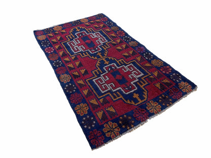 3 X 4.3 Vintage Handmade Tribal Wool Rug Balouch Rug Afghan Rug Red Blue Nice