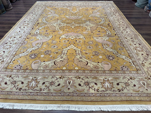 Sino Persian Rug 8x11, Wool with Silk Highlights, Unique Colors, Gold and Light Green, Fine 240 KPSI - Nuvé