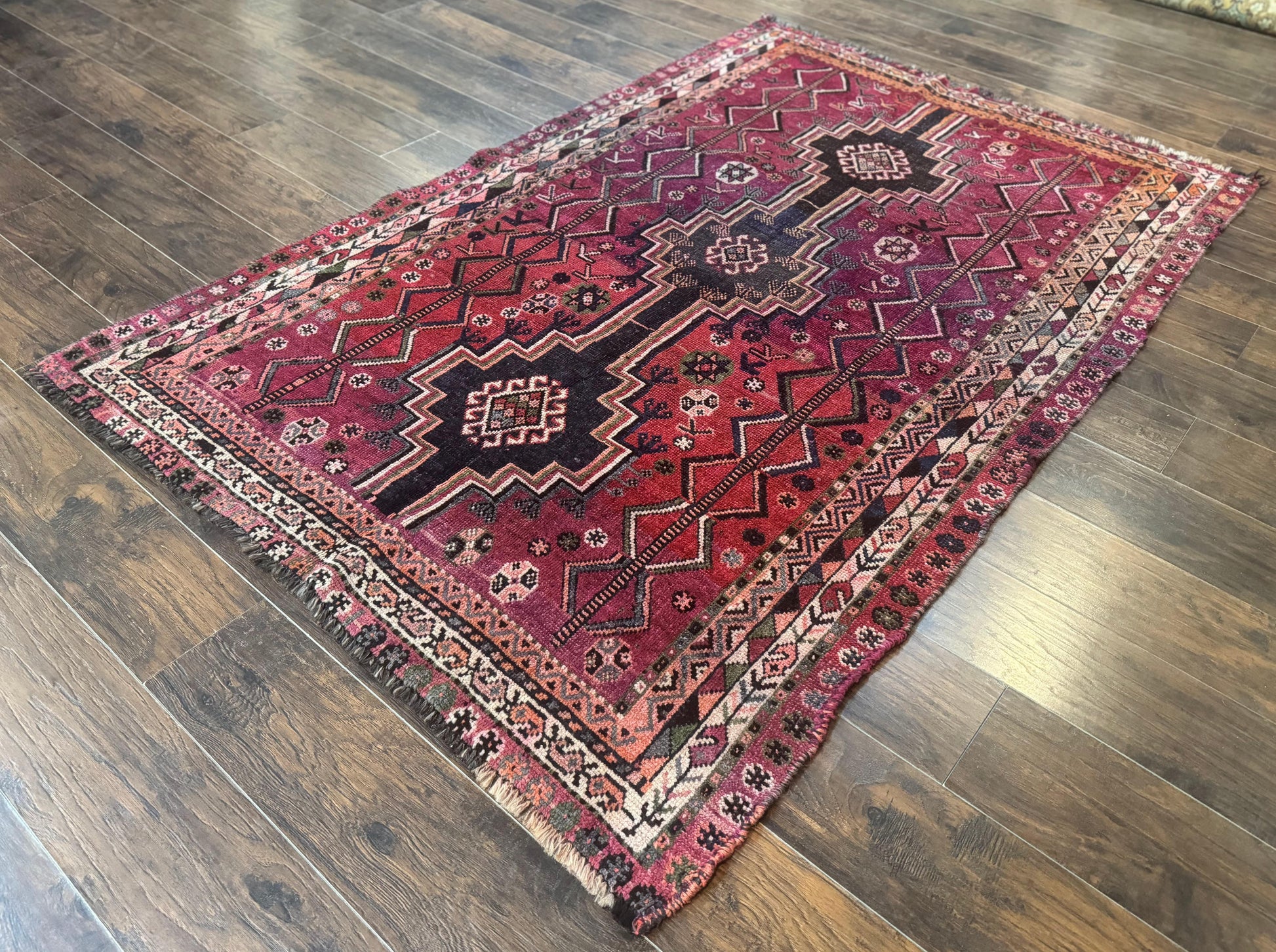 Persian Tribal Shiraz Rug 5x8, Geometric, Raspberry Red and Charcoal, Antique Persian Carpet - Nuvé