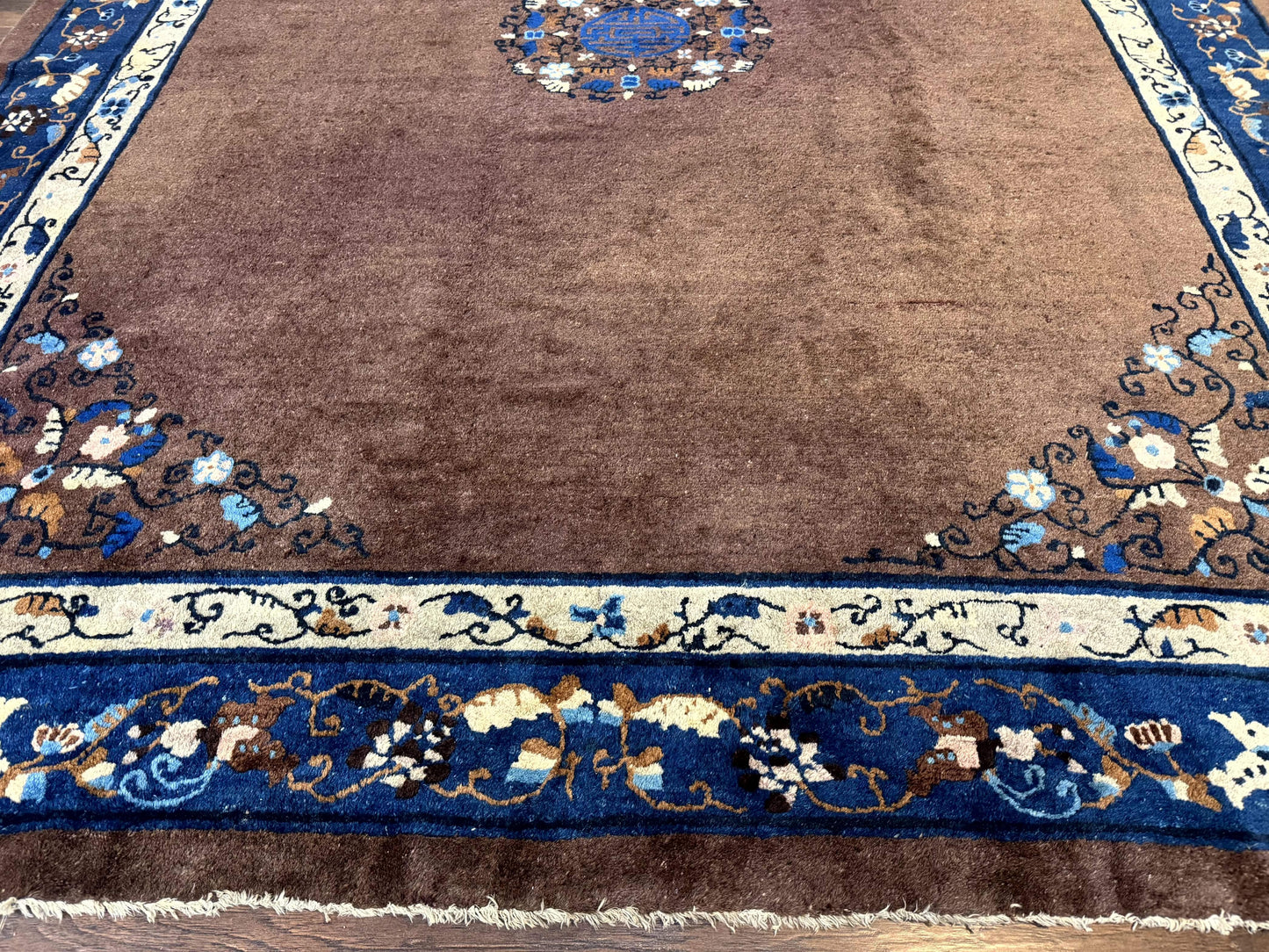 Antique Chinese Wool Rug 9x11, Large Chinese Art Deco Rug, Peking Rug, Brown and Blue, Open Field, Fete Rug - Nuvé