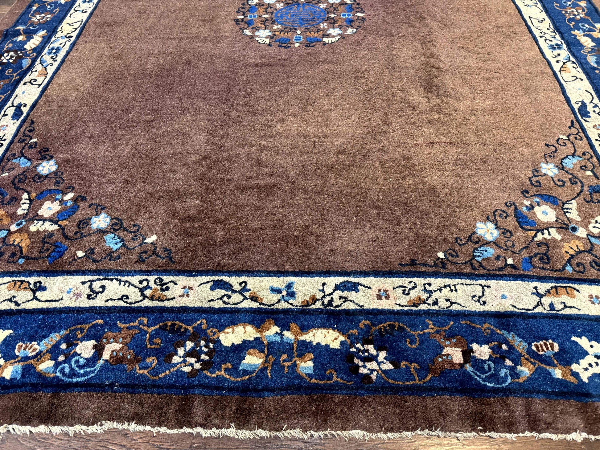 Antique Chinese Wool Rug 9x11, Large Chinese Art Deco Rug, Peking Rug, Brown and Blue, Open Field, Fete Rug - Nuvé