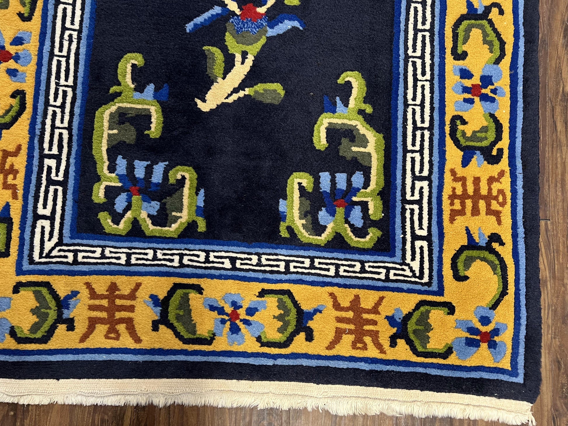 Chinese Art Deco Rug 3 x 5.9, Handmade Chinese Peking Carpet, Dark Blue and Gold, Medallion, Asian Oriental 3x6 Hand Knotted Vintage Rug - Nuvé