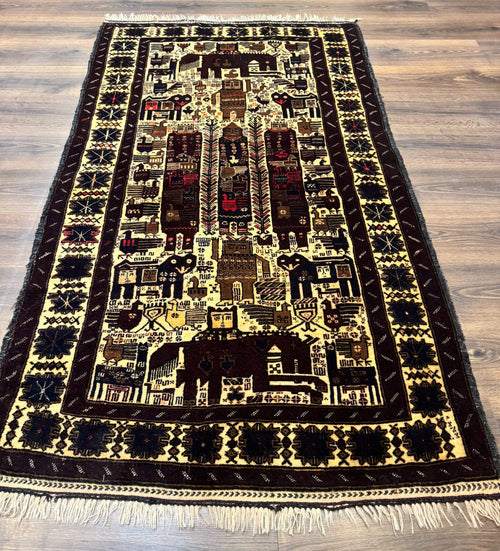 Persian Baluch Tribal Rug 4x6, Human and Bird Pictorials, Vintage, Wool, Collectible - Nuvé