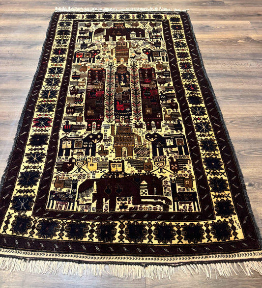 Persian Baluch Tribal Rug 4x6, Human and Bird Pictorials, Vintage, Wool, Collectible - Nuvé