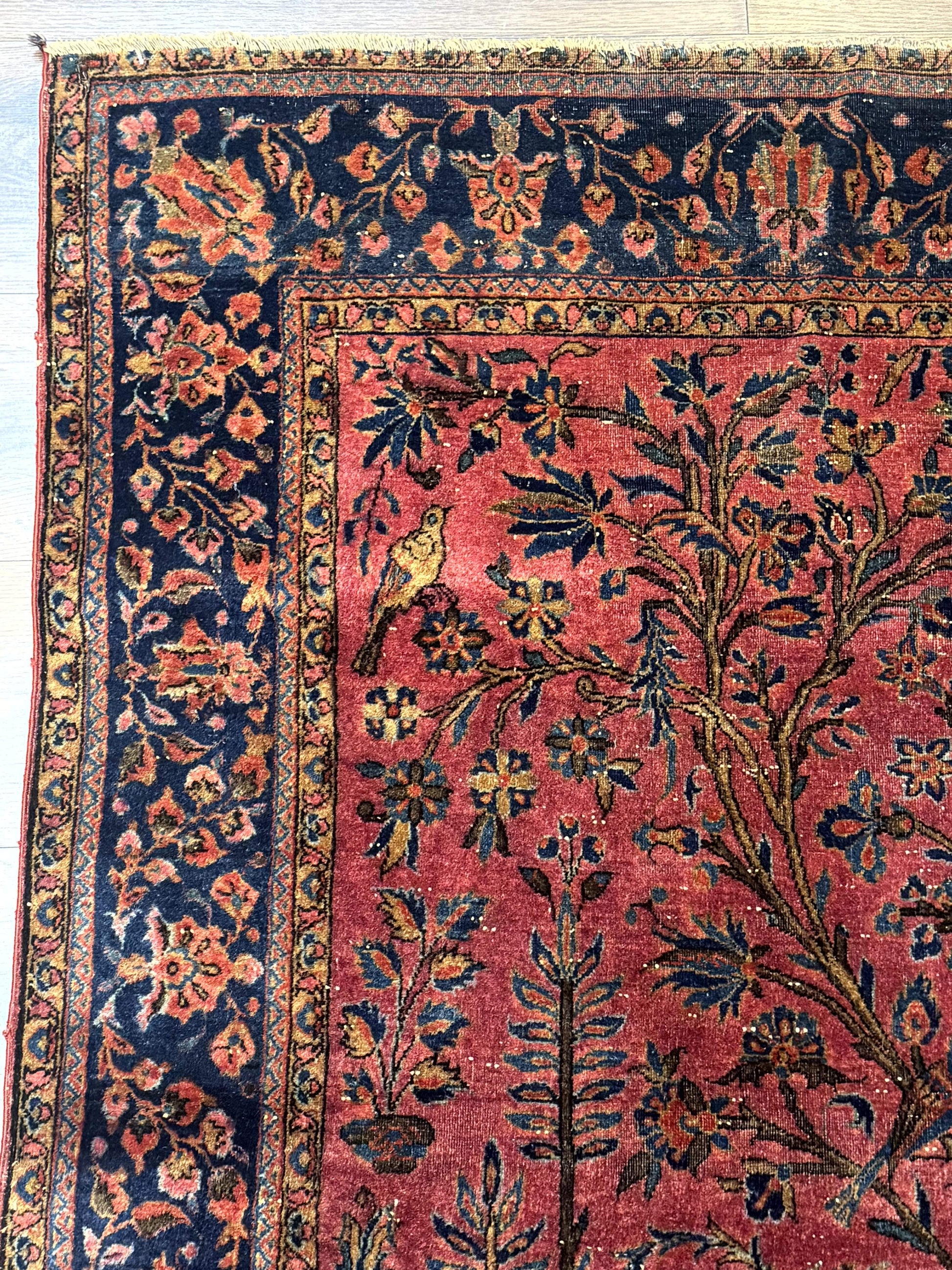 Antique Persian Tree of Life Rug 3x5, Manchester Wool, Bird Pictorials, Fine 240 KPSI, Red Navy Blue - Nuvé