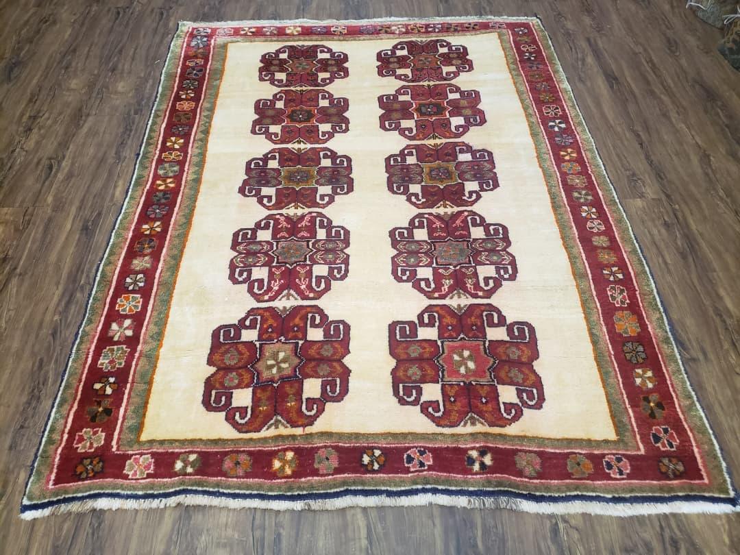 Vintage Persian Gabbeh Rug, Dark Red & Cream, Hand-Knotted, 5' x 6' 4" - Nuvé