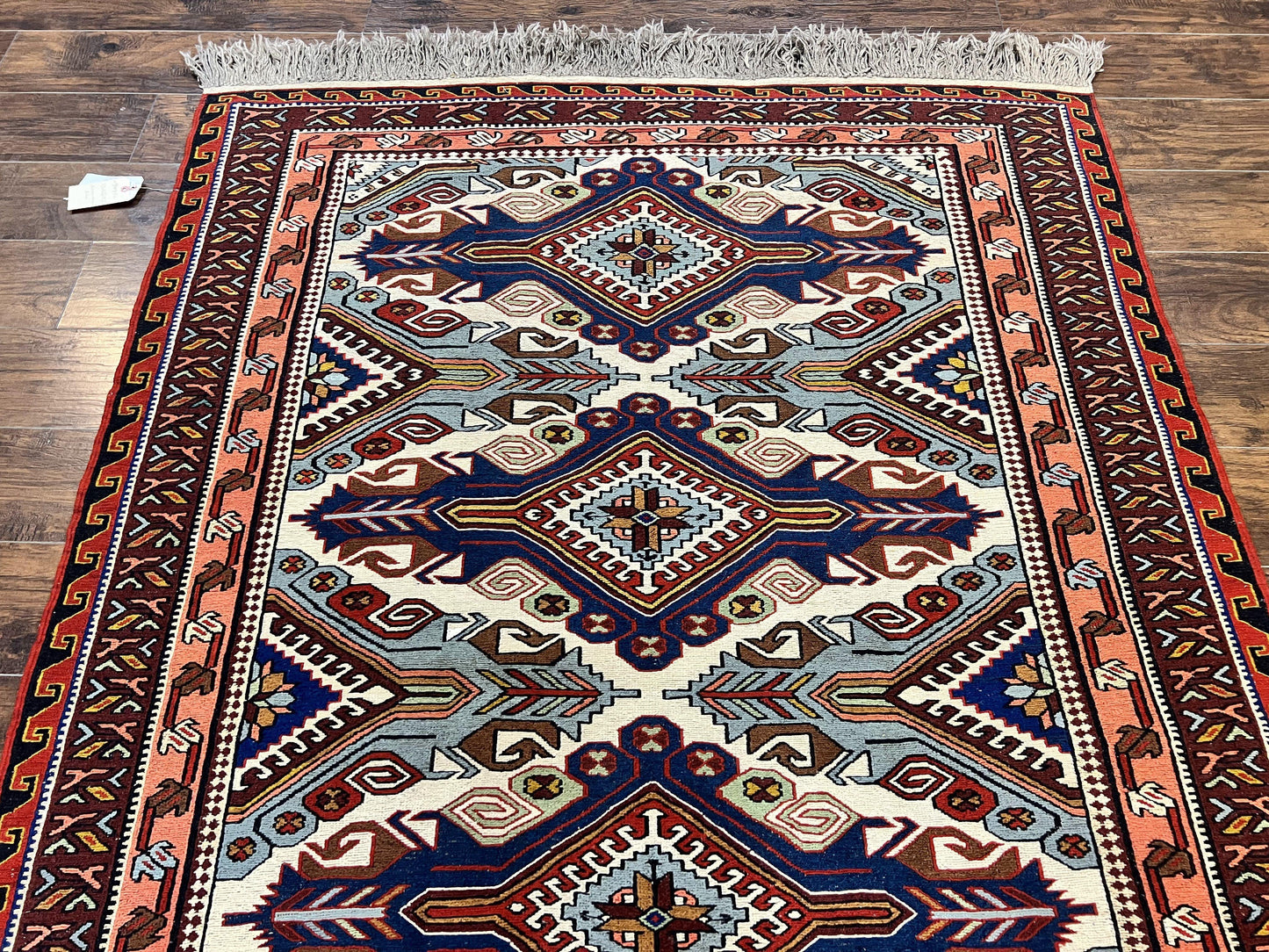 Russian Soumak Rug 6x8, Wool Handmade Antique Kilim Carpet, Multicolor 6 x 8 Geometric Medallions Caucasian Rug, Medium Size - Nuvé