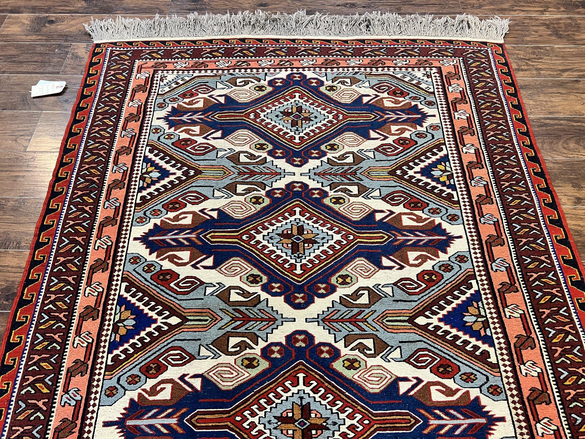 Russian Soumak Rug 6x8, Wool Handmade Antique Kilim Carpet, Multicolor 6 x 8 Geometric Medallions Caucasian Rug, Medium Size - Nuvé