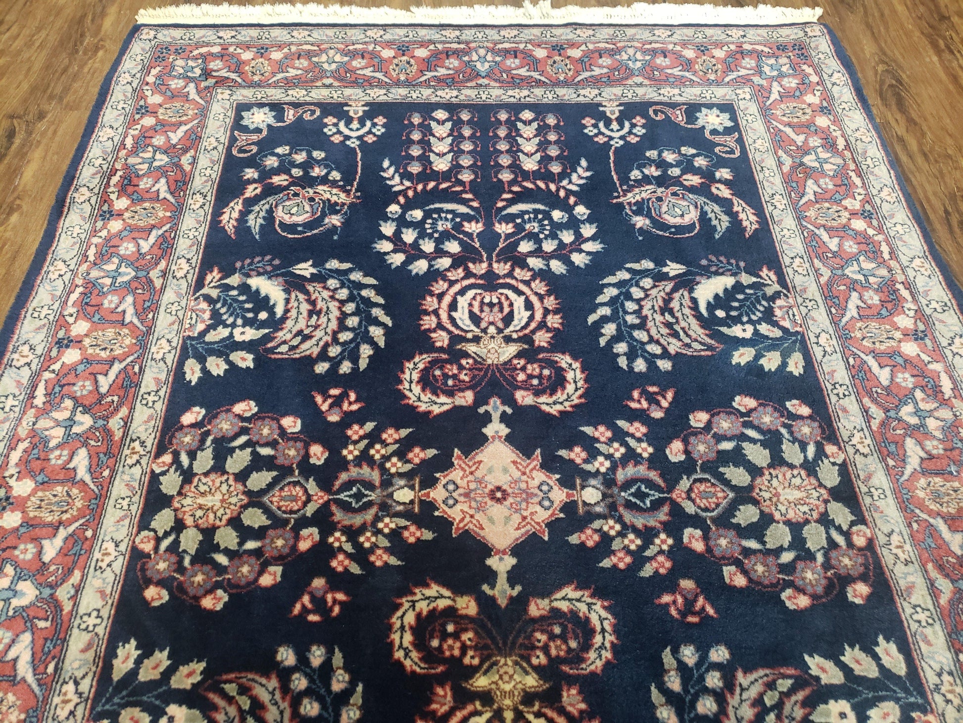 Dark Blue Indo Persian Rug 4x6, Medium Size Hand Knotted Oriental Carpet, Traditional Floral Indian Rug, Blue and Red Entryway Rug, Wool Rug - Nuvé